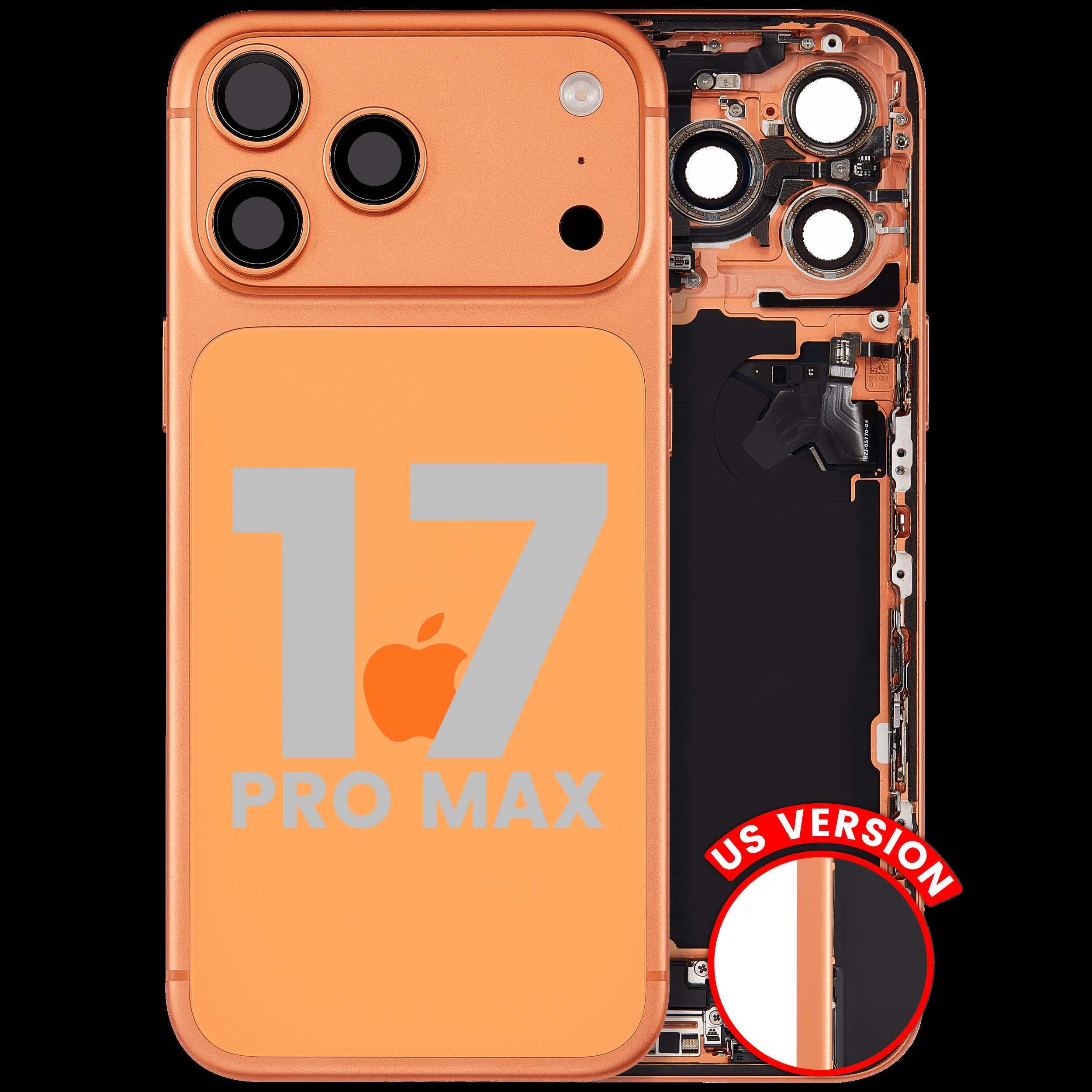 Rückgehäuse mit Ladebuchsen-Flex und Kleinteilen für iPhone 17 Pro Max (US-Version) (ausgebautes Originalteil: Grade A) (Cosmic Orange)