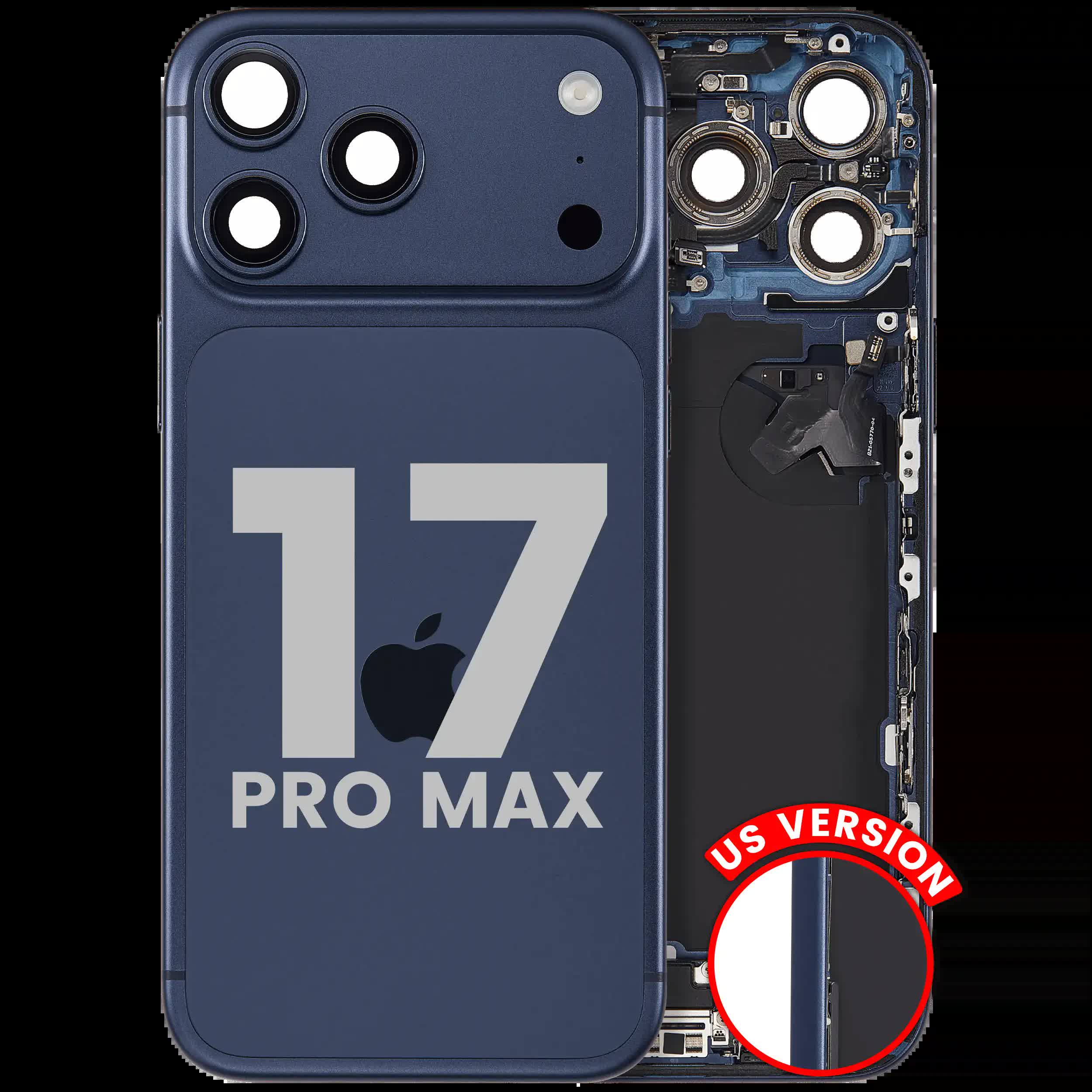 Rückgehäuse mit Ladebuchsen-Flex und Kleinteilen für iPhone 17 Pro Max (US-Version) (ausgebautes Originalteil: Grade A) (Deep Blue)