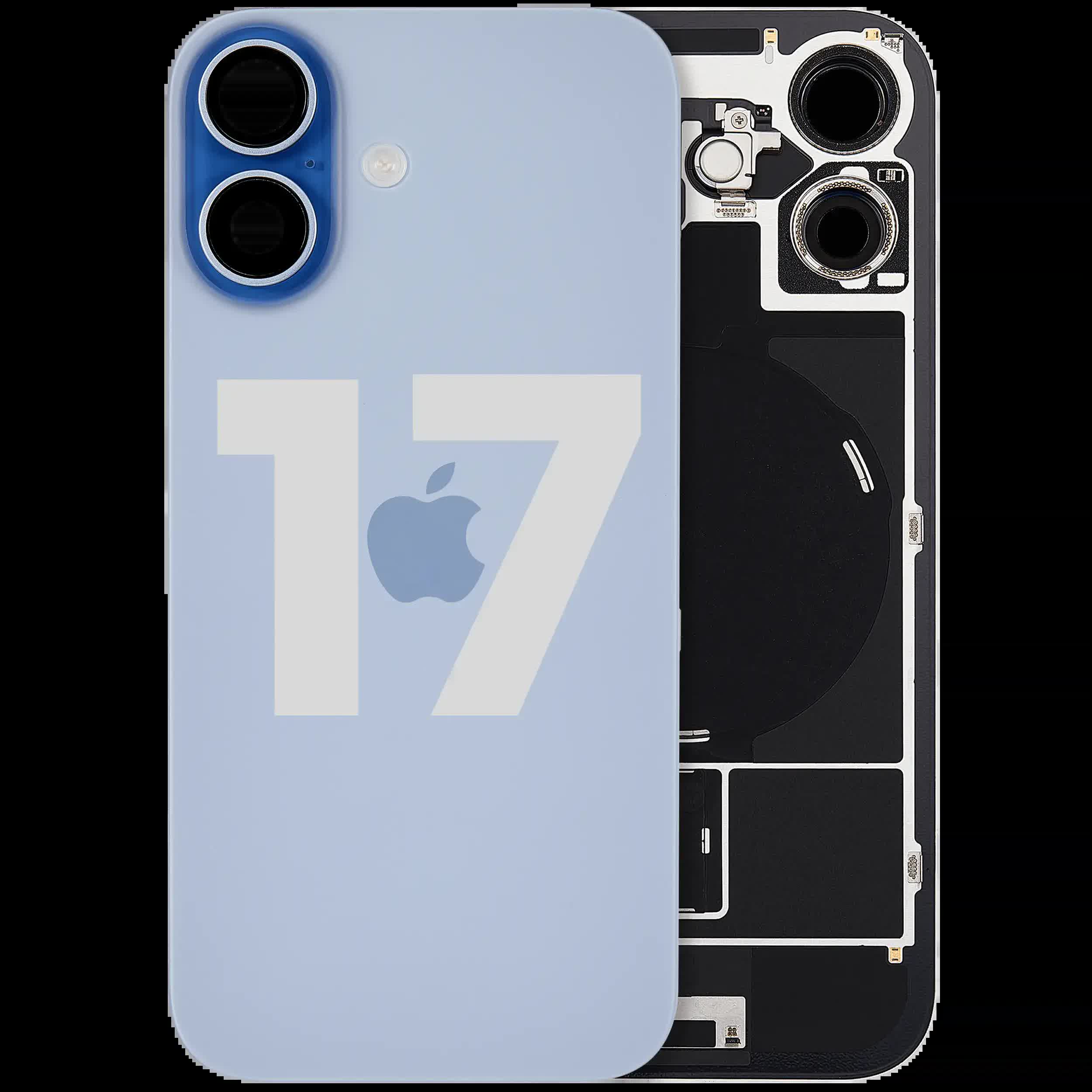 Rückglas mit MagSafe Magnet & NFC & Taschenlampen-Flexkabel für iPhone 17 (ausgebautes Originalteil: Grade B) (Mist Blue)