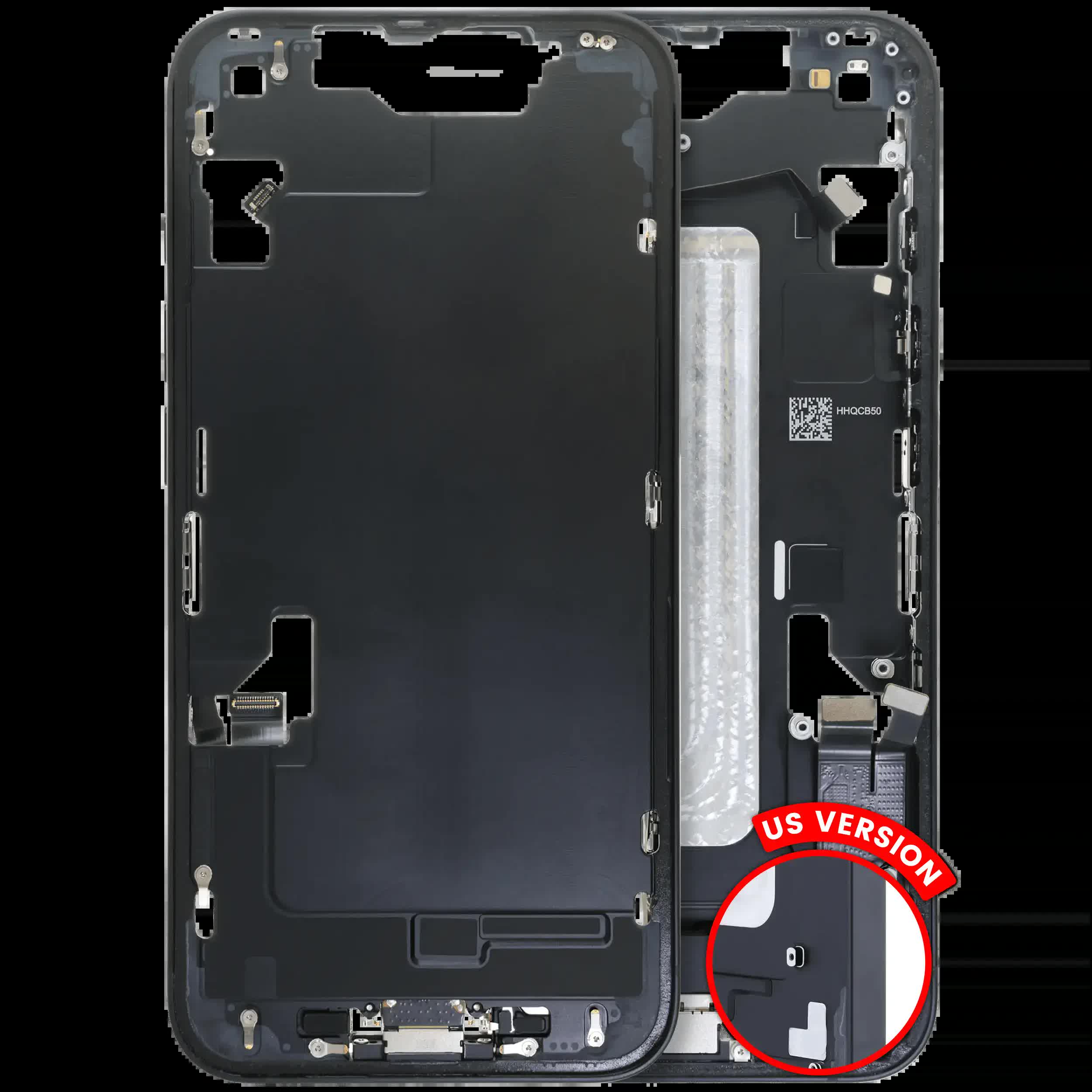 Mittelrahmen mit Ladebuchsen-Flex und Kleinteilen für iPhone 16e / 17e (US-Version) (ausgebautes Originalteil: Grade B) (Black (Schwarz))