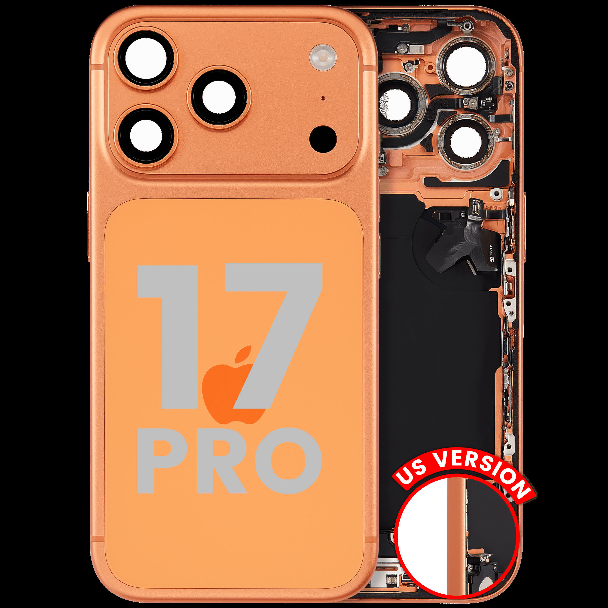 Rückgehäuse mit Ladebuchsen-Flex und Kleinteilen für iPhone 17 Pro (US-Version) (ausgebautes Originalteil: Grade B) (Cosmic Orange)