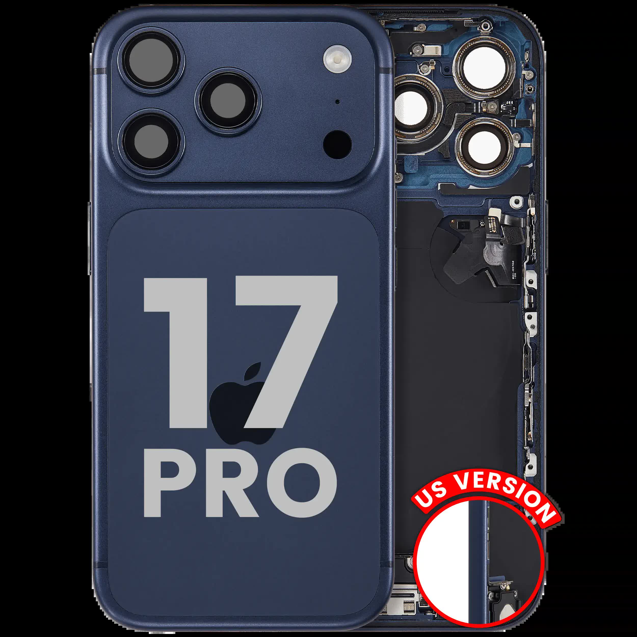 Rückgehäuse mit Ladebuchsen-Flex und Kleinteilen für iPhone 17 Pro (US-Version) (ausgebautes Originalteil: Grade B) (Deep Blue)