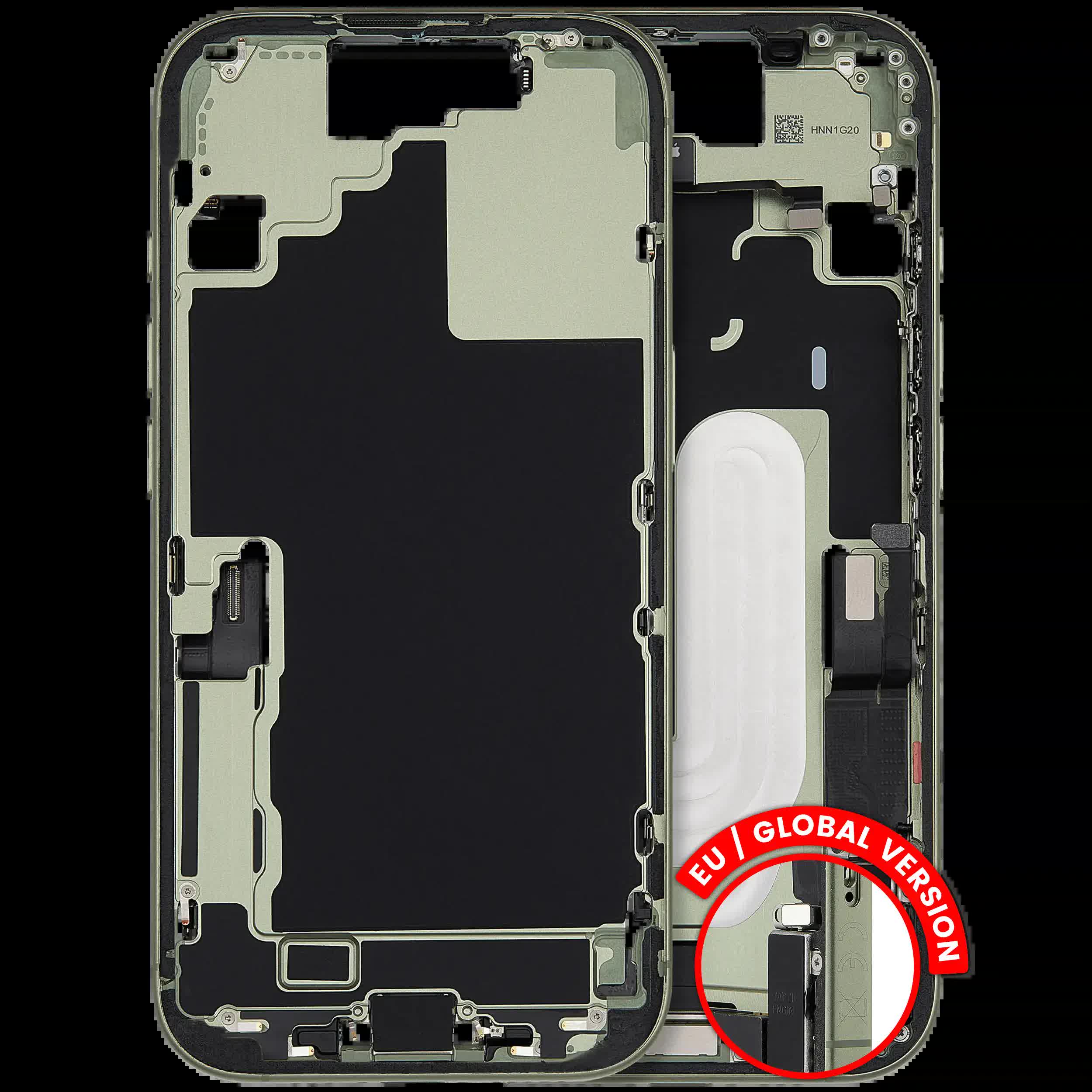 Mittelrahmen mit Ladebuchsen-Flex und Kleinteilen für iPhone 17 (EU / globale Version) (ausgebautes Originalteil: Grade C) (Sage)