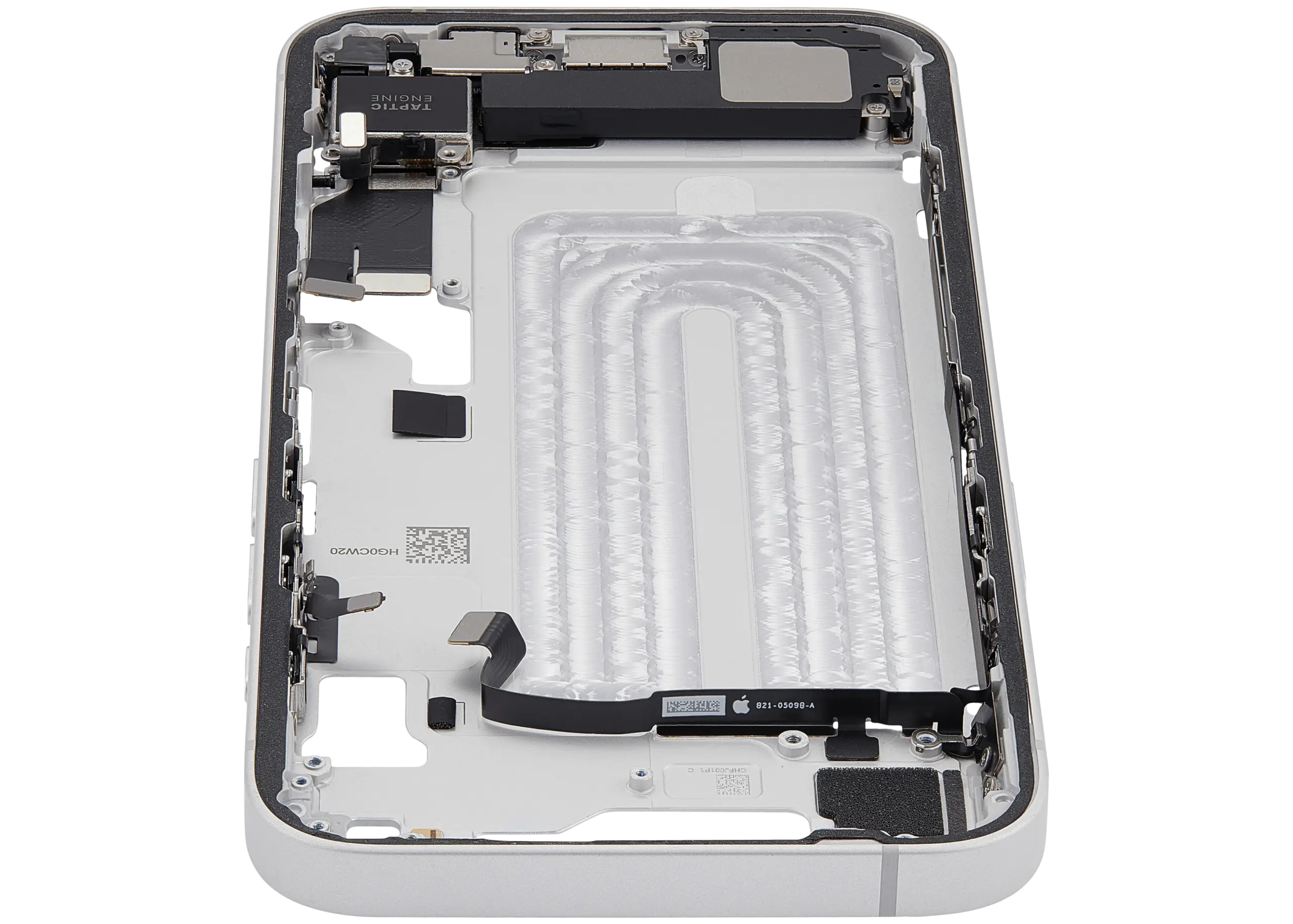 Mittelrahmen mit Ladebuchsen-Flex und Kleinteilen für iPhone 16e / 17e (EU / globale Version) (ausgebautes Originalteil: Grade B) (White (Weiß)) – Bild 2