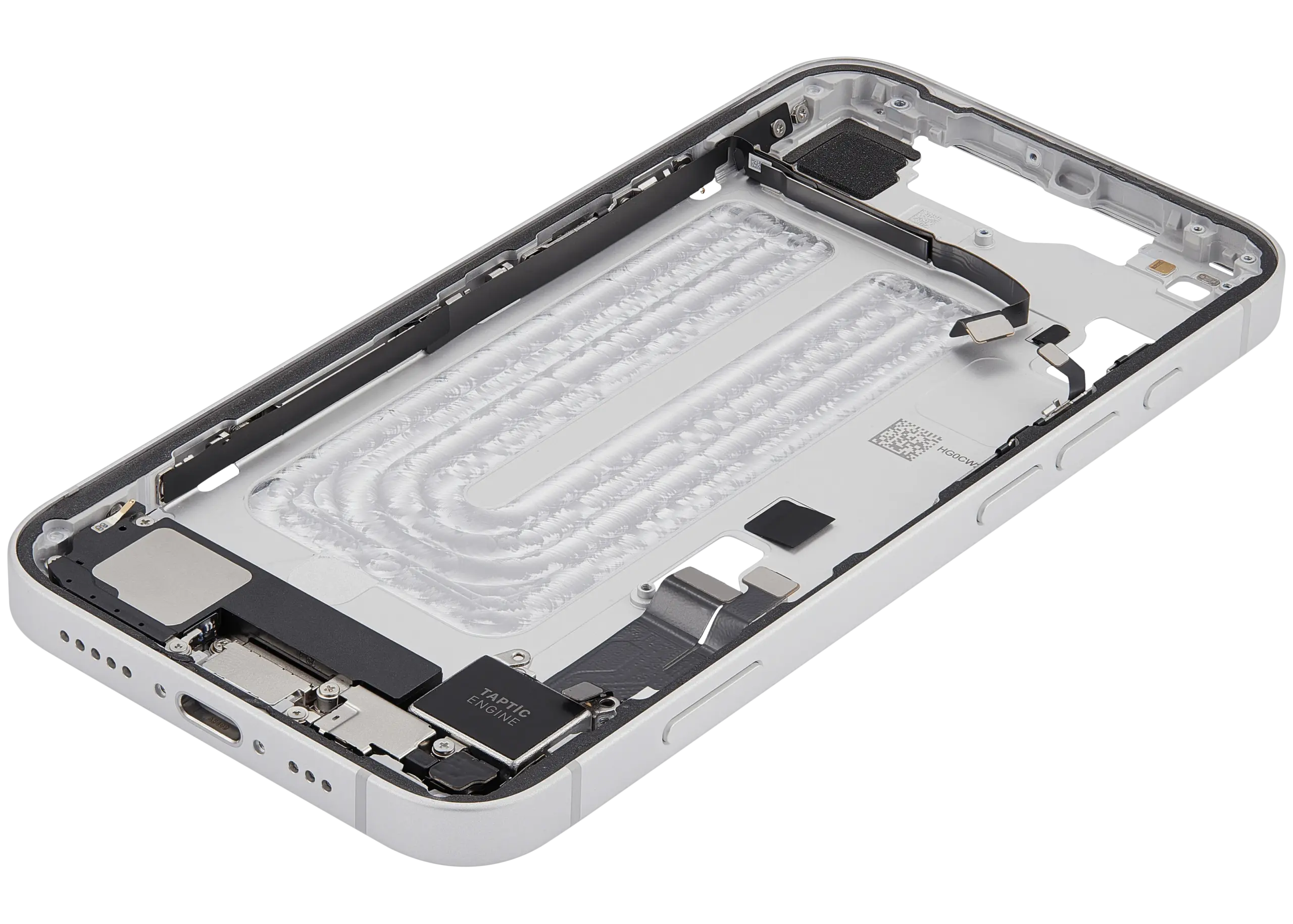 Mittelrahmen mit Ladebuchsen-Flex und Kleinteilen für iPhone 16e / 17e (EU / globale Version) (ausgebautes Originalteil: Grade B) (White (Weiß)) – Bild 3