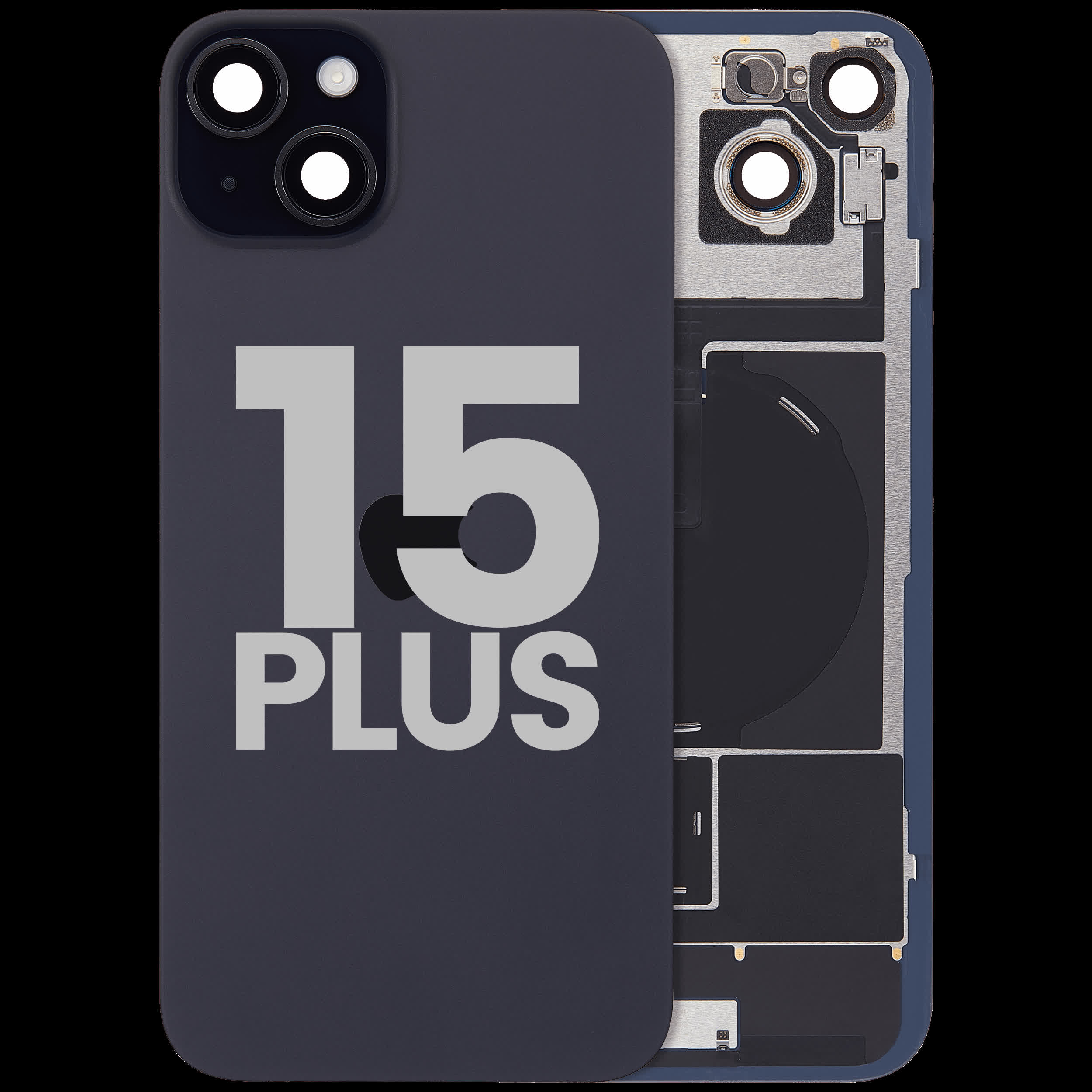 Rückglas mit MagSafe Magnet & NFC & Taschenlampen-Flexkabel für iPhone 15 Plus (ausgebautes Originalteil: Grade B) (Black (Schwarz))