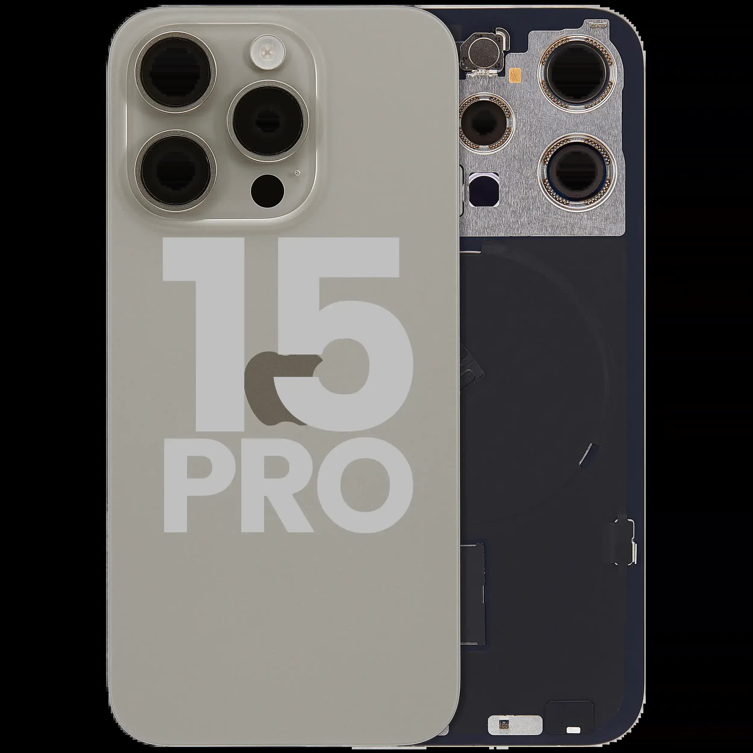 Rückglas mit MagSafe Magnet & NFC & Taschenlampen-Flexkabel für iPhone 15 Pro (ausgebautes Originalteil: Grade B) (Natural Titanium)