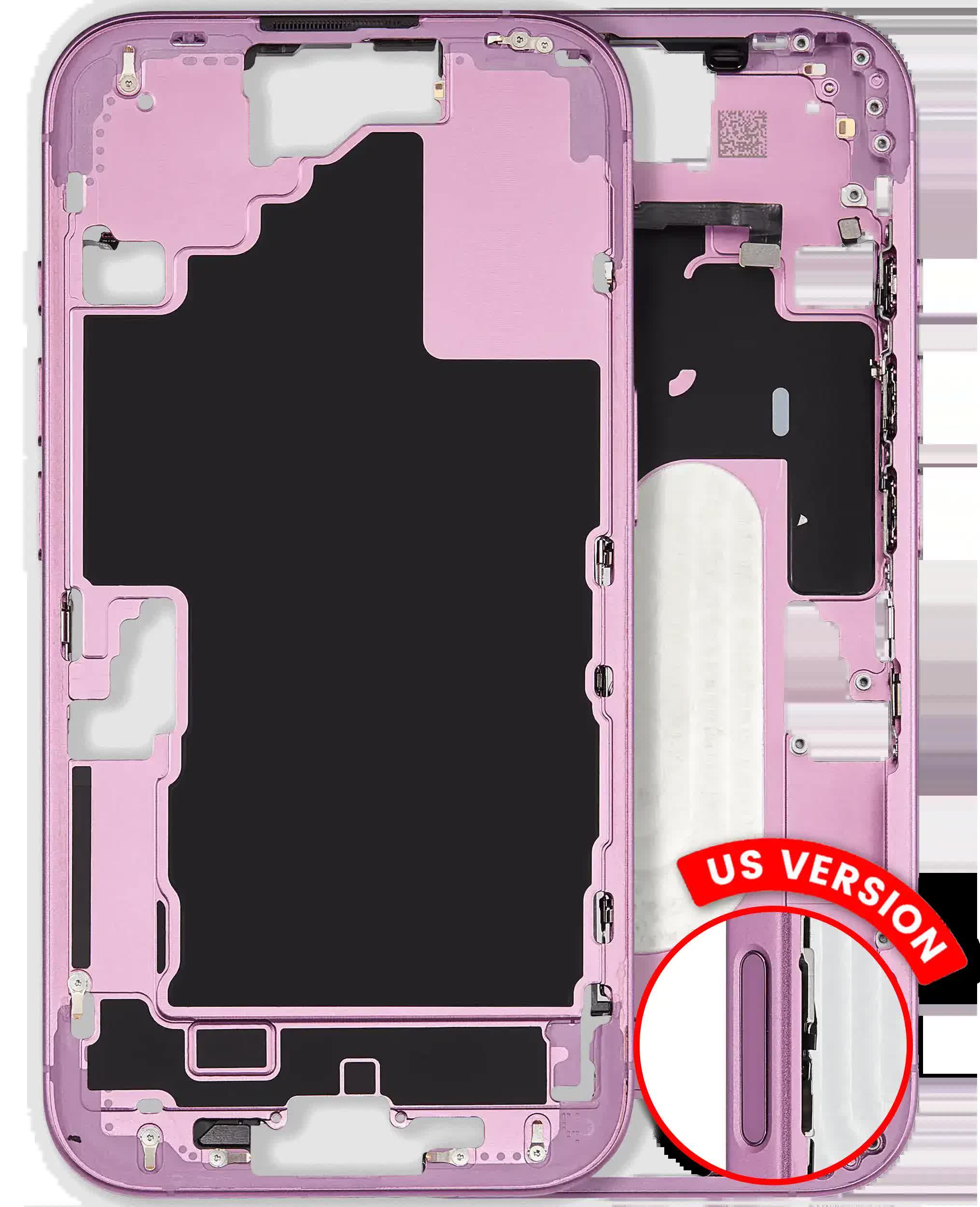 Mittelrahmen mit Kleinteilen für iPhone 16 (US-Version) (ausgebautes Originalteil: Grade A) (Pink (Rosa))