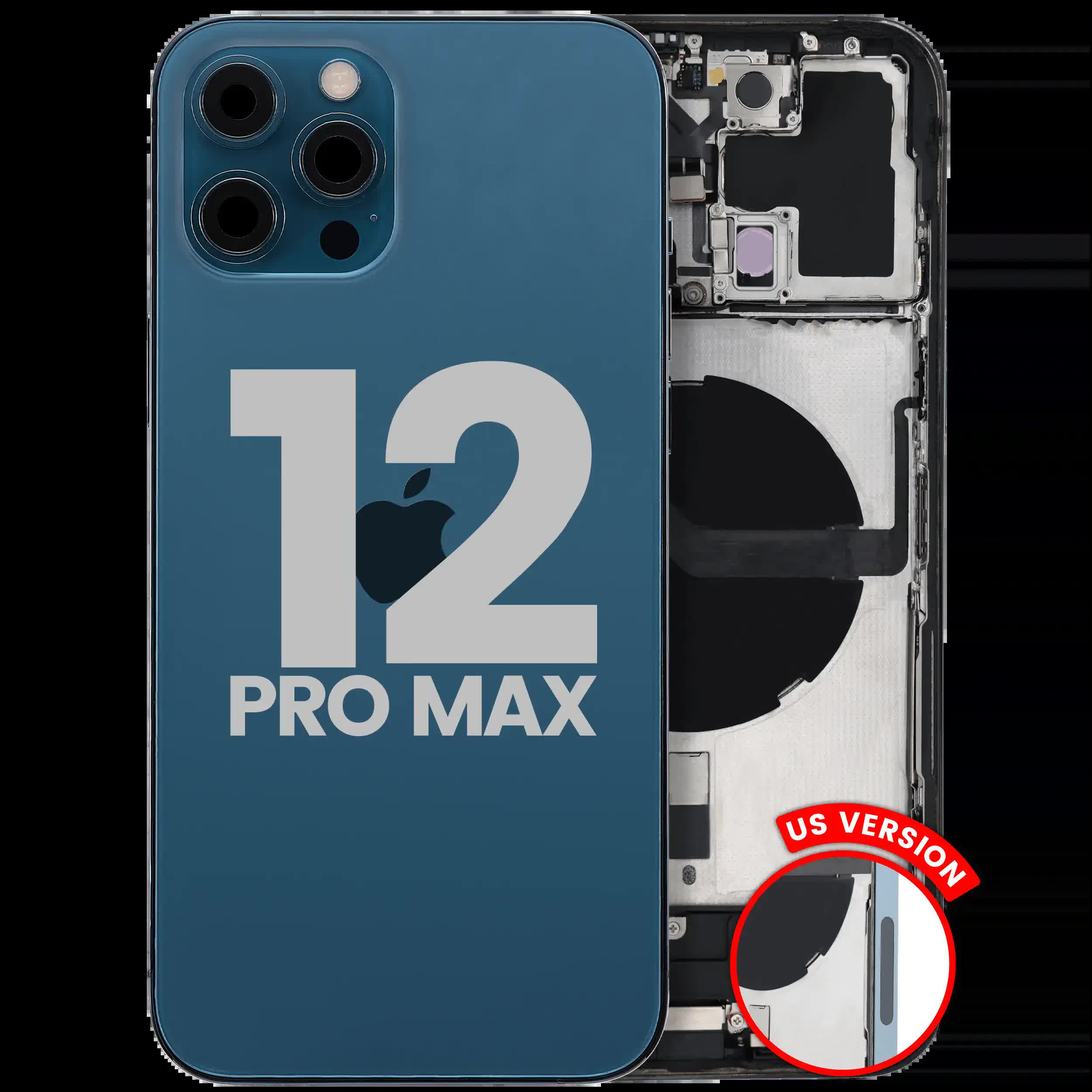 Rückgehäuse mit Ladebuchsen-Flex und Kleinteilen für iPhone 12 Pro Max (US-Version) (ausgebautes Originalteil: Grade C) (Pacific Blue)