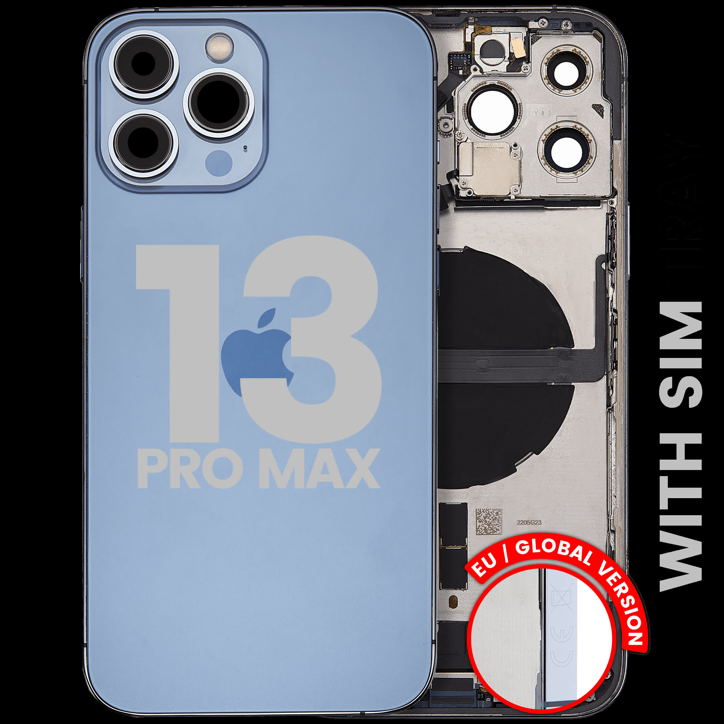 Rückgehäuse mit Ladebuchsen-Flex und Kleinteilen für iPhone 13 Pro Max (EU / globale Version) (ausgebautes Originalteil: Grade B) (Sierra Blue)