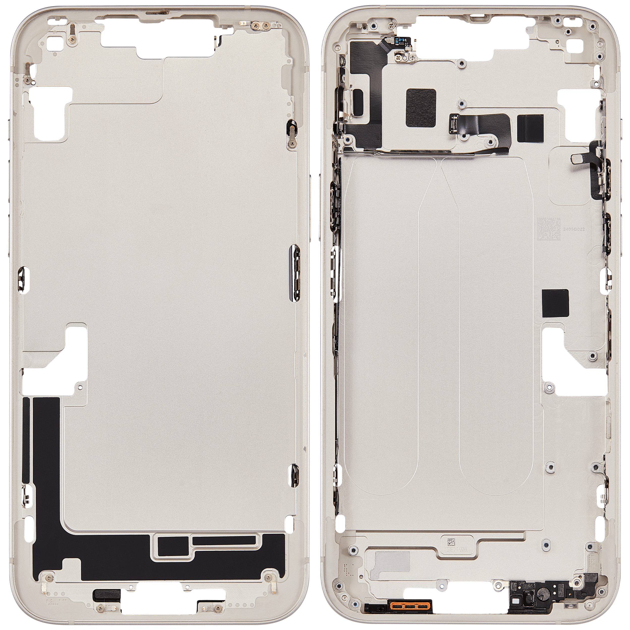 Mittelrahmen mit Ladebuchsen-Flex und Kleinteilen für iPhone 14 Plus (EU / globale Version) (ausgebautes Originalteil: Grade B) (Starlight) – Bild 2
