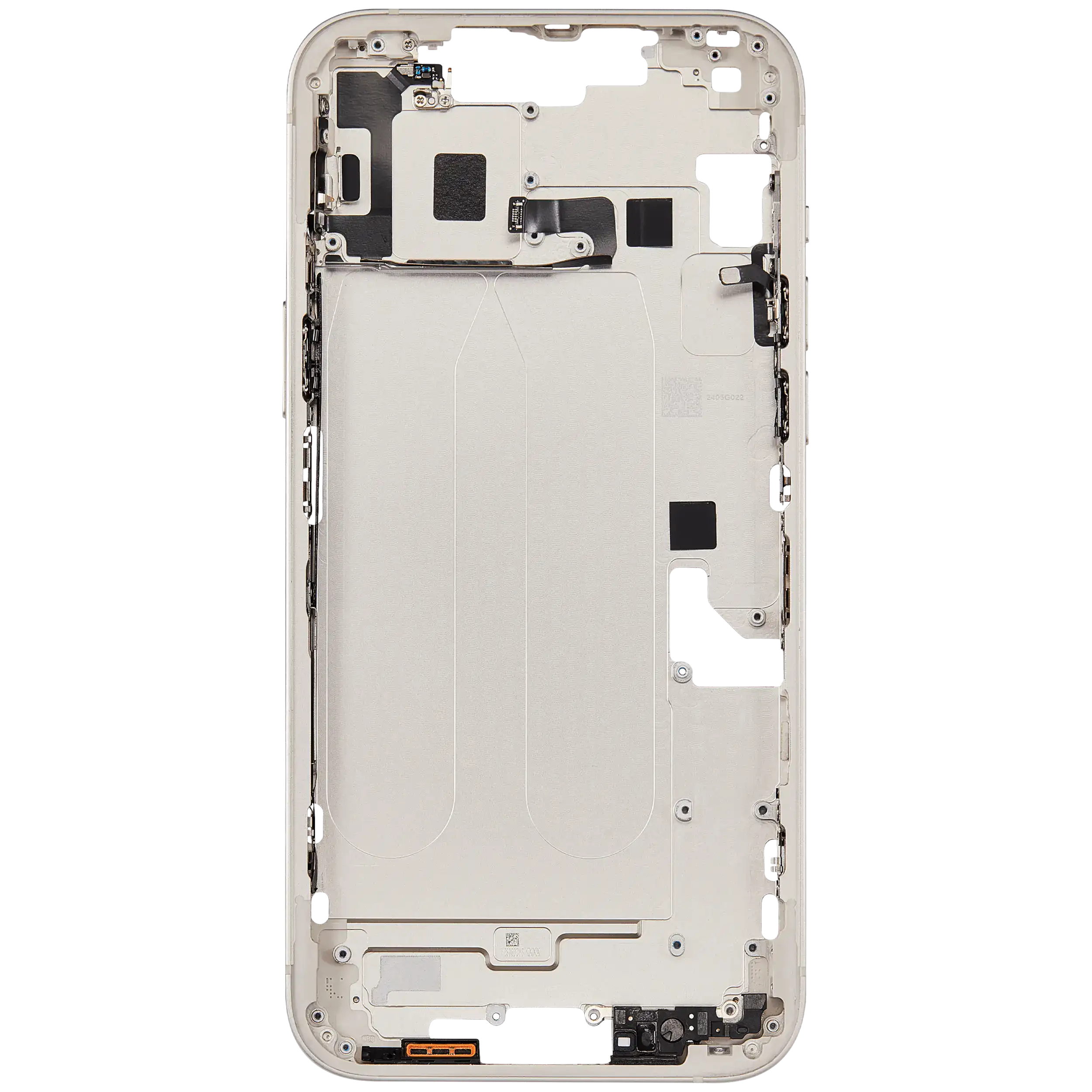 Mittelrahmen mit Ladebuchsen-Flex und Kleinteilen für iPhone 14 Plus (EU / globale Version) (ausgebautes Originalteil: Grade B) (Starlight) – Bild 4