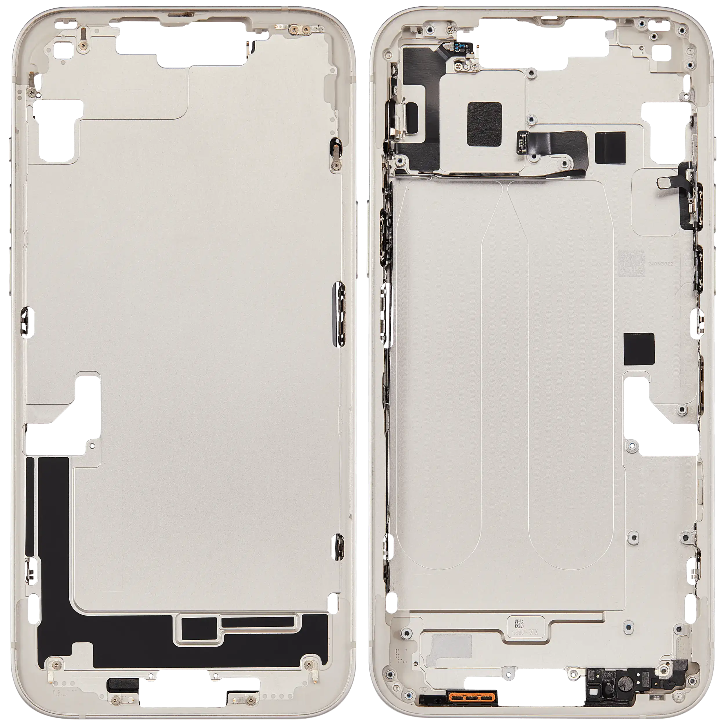 Mittelrahmen mit Ladebuchsen-Flex und Kleinteilen für iPhone 14 Plus (EU / globale Version) (ausgebautes Originalteil: Grade C) (Starlight) – Bild 2