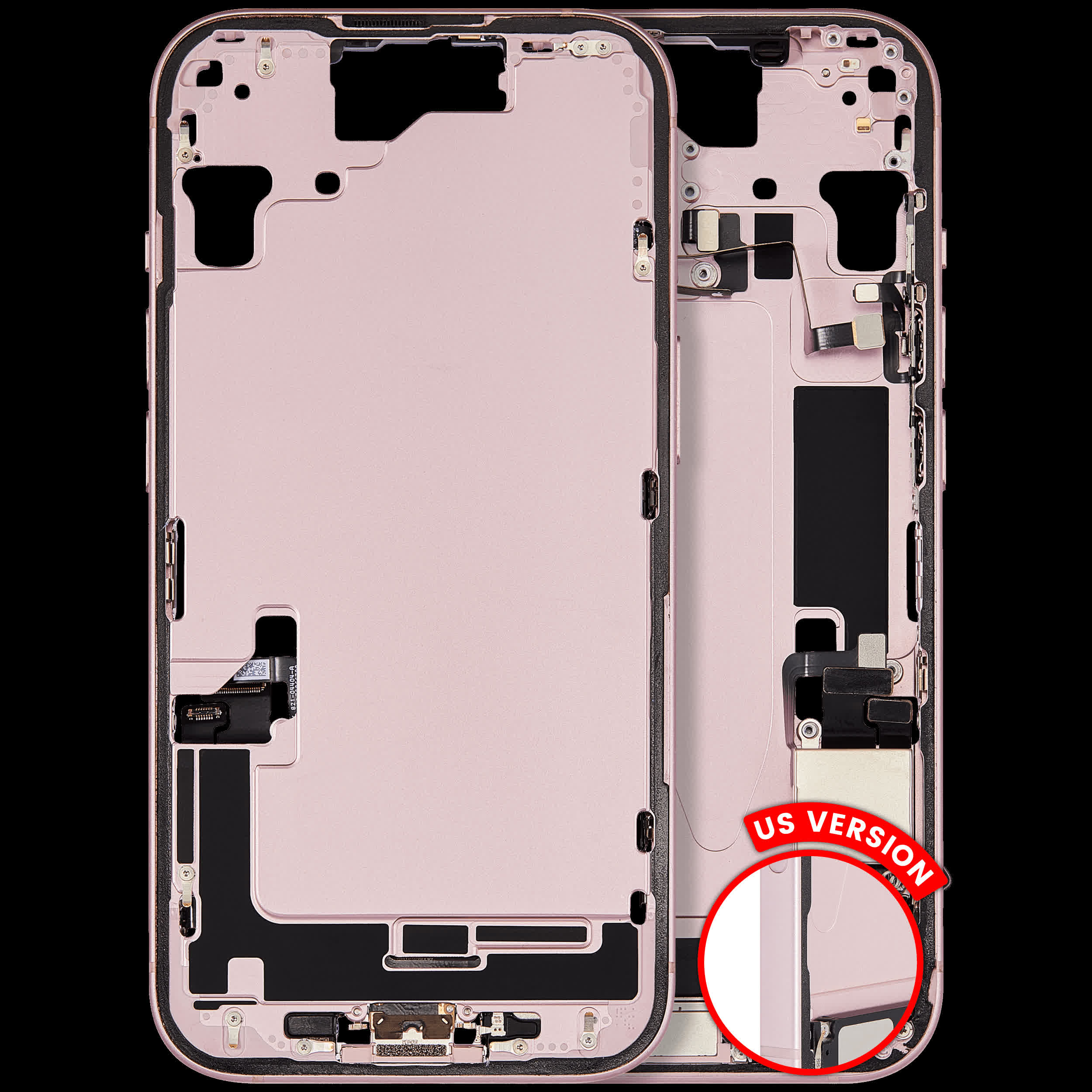 Mittelrahmen mit Ladebuchsen-Flex und Kleinteilen für iPhone 15 (US-Version) (ausgebautes Originalteil: Grade A) (Pink (Rosa))