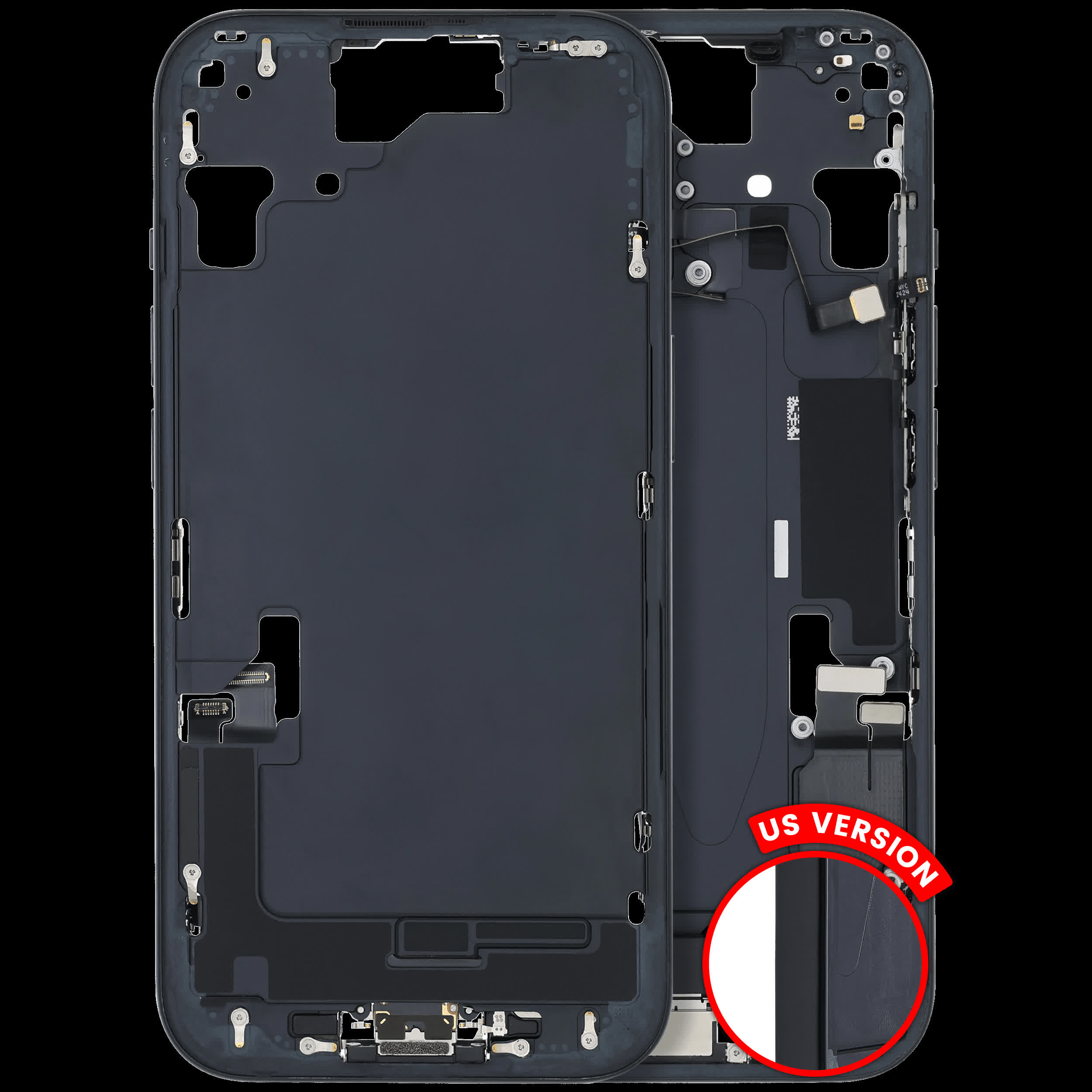 Mittelrahmen mit Ladebuchsen-Flex und Kleinteilen für iPhone 15 (US-Version) (ausgebautes Originalteil: Grade C) (Black (Schwarz))