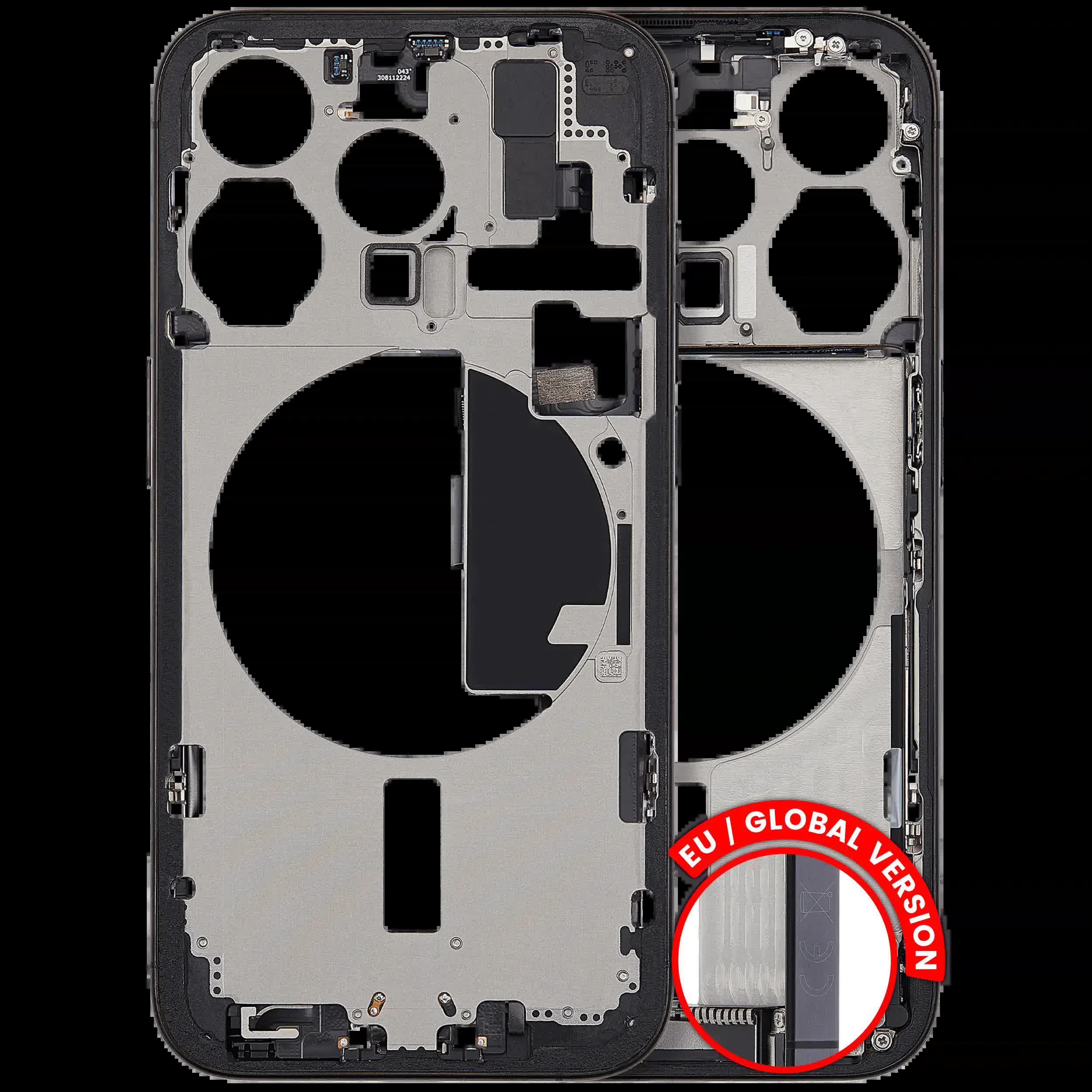 Mittelrahmen mit Ladebuchsen-Flex und Kleinteilen für iPhone 15 Pro (EU / globale Version) (ausgebautes Originalteil: Grade C) (Black Titanium)