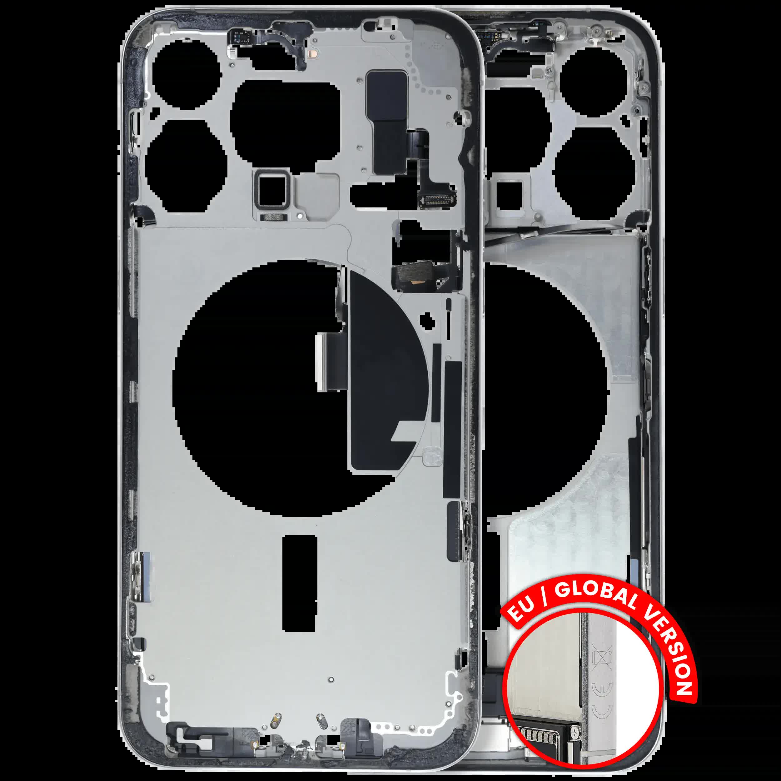 Mittelrahmen mit Ladebuchsen-Flex und Kleinteilen für iPhone 15 Pro Max (EU / globale Version) (ausgebautes Originalteil: Grade B) (White Titanium)