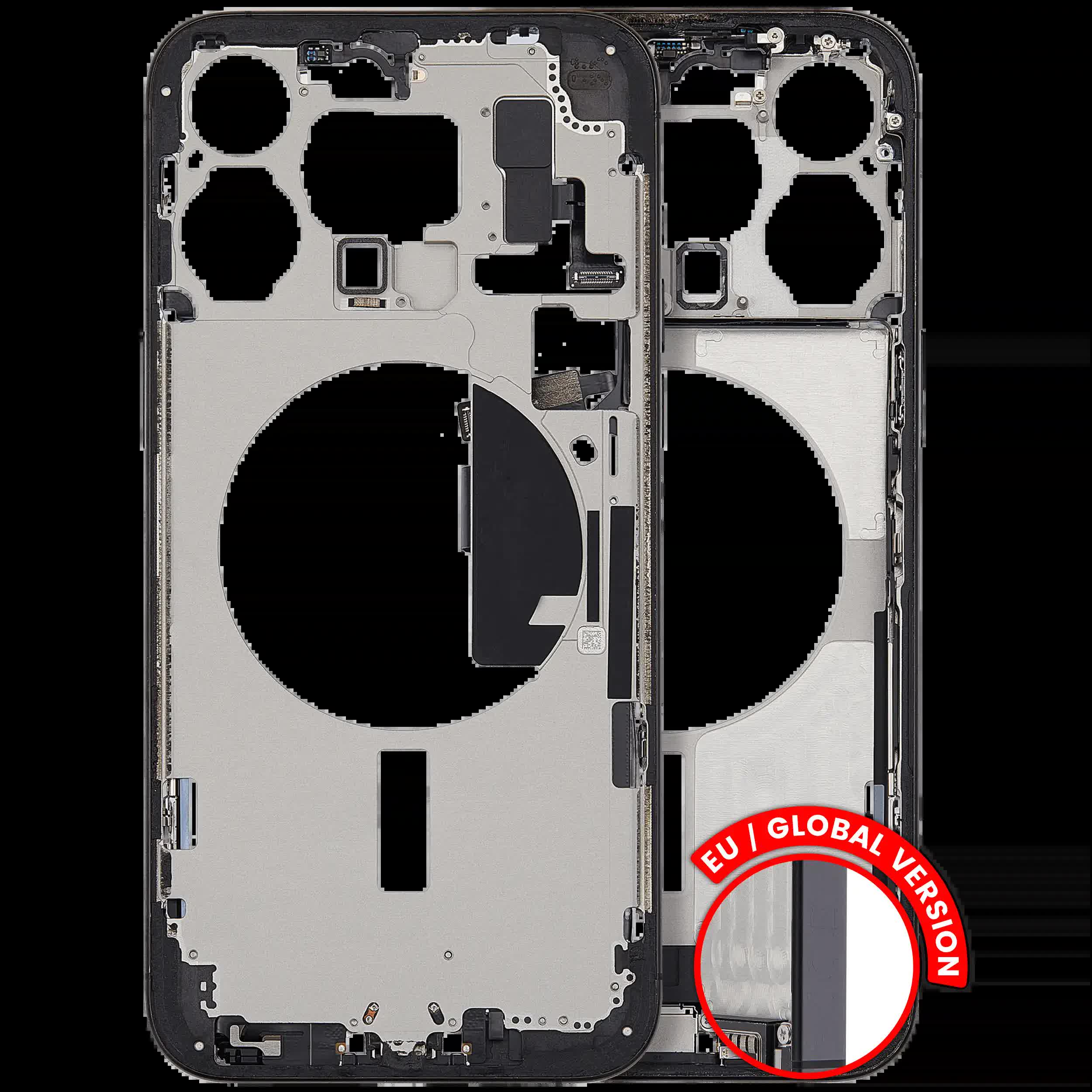 Mittelrahmen mit Ladebuchsen-Flex und Kleinteilen für iPhone 15 Pro Max (EU / globale Version) (ausgebautes Originalteil: Grade C) (Black Titanium)