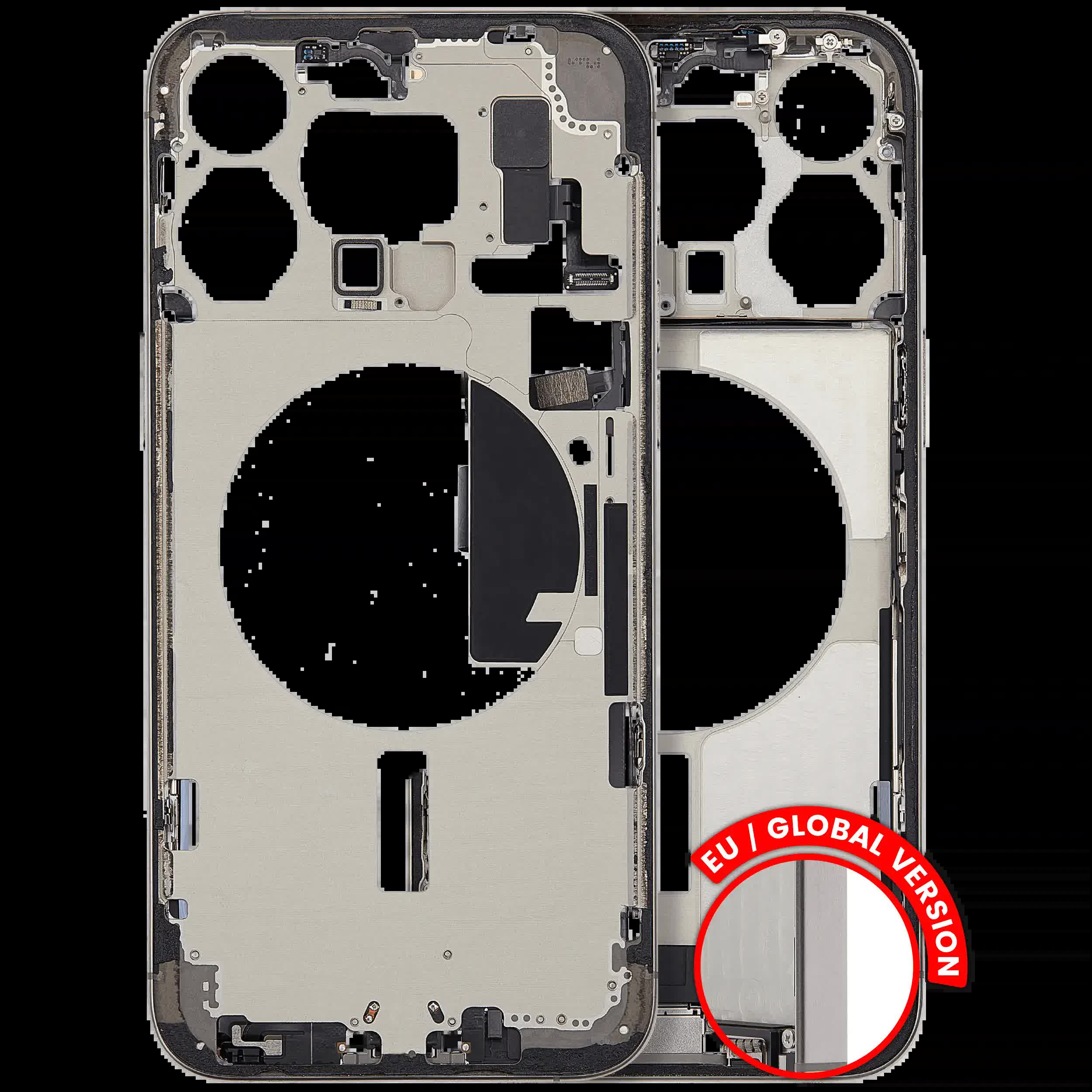 Mittelrahmen mit Ladebuchsen-Flex und Kleinteilen für iPhone 15 Pro Max (EU / globale Version) (ausgebautes Originalteil: Grade C) (Natural Titanium)