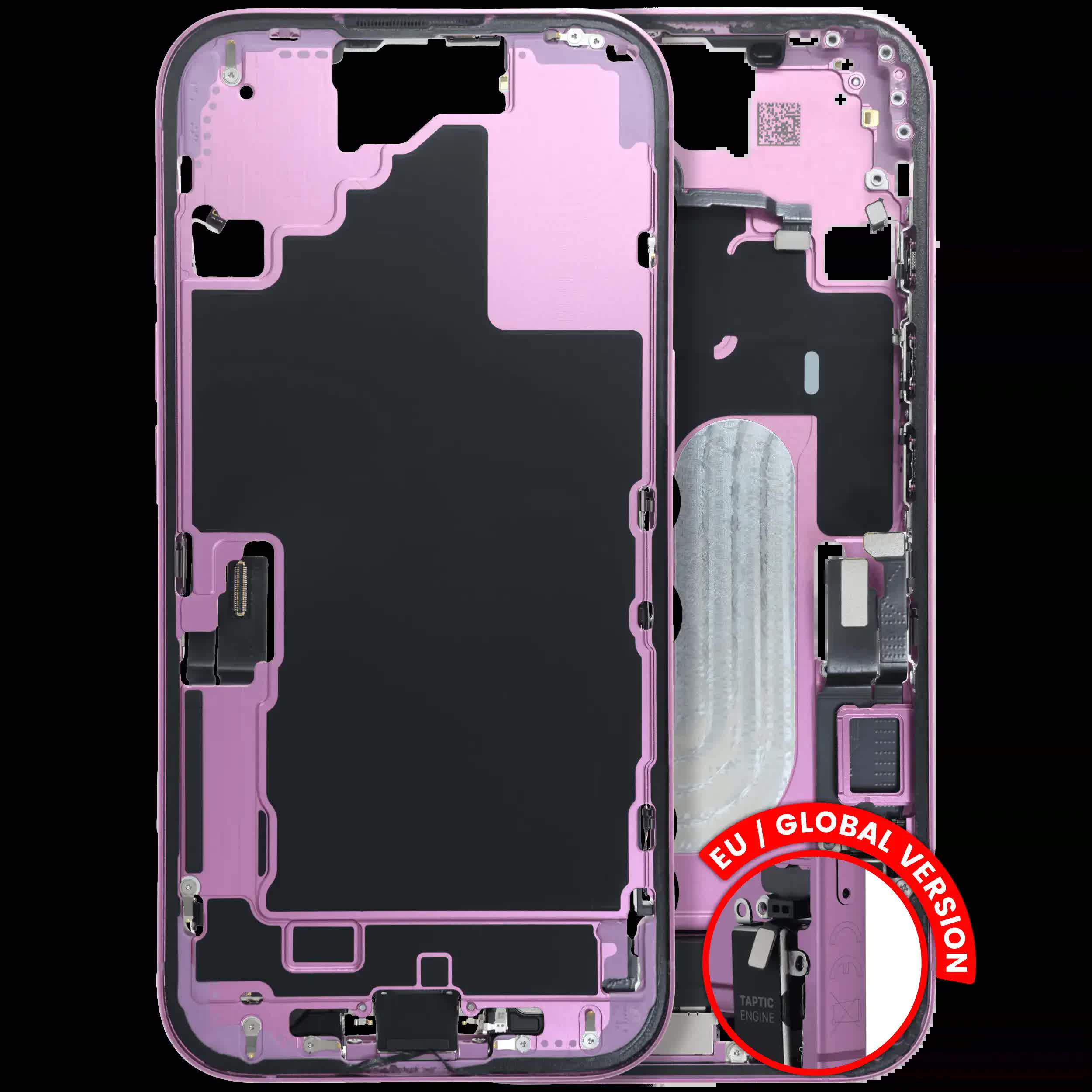 Mittelrahmen mit Ladebuchsen-Flex und Kleinteilen für iPhone 16 (EU / globale Version) (ausgebautes Originalteil: Grade C) (Pink (Rosa))