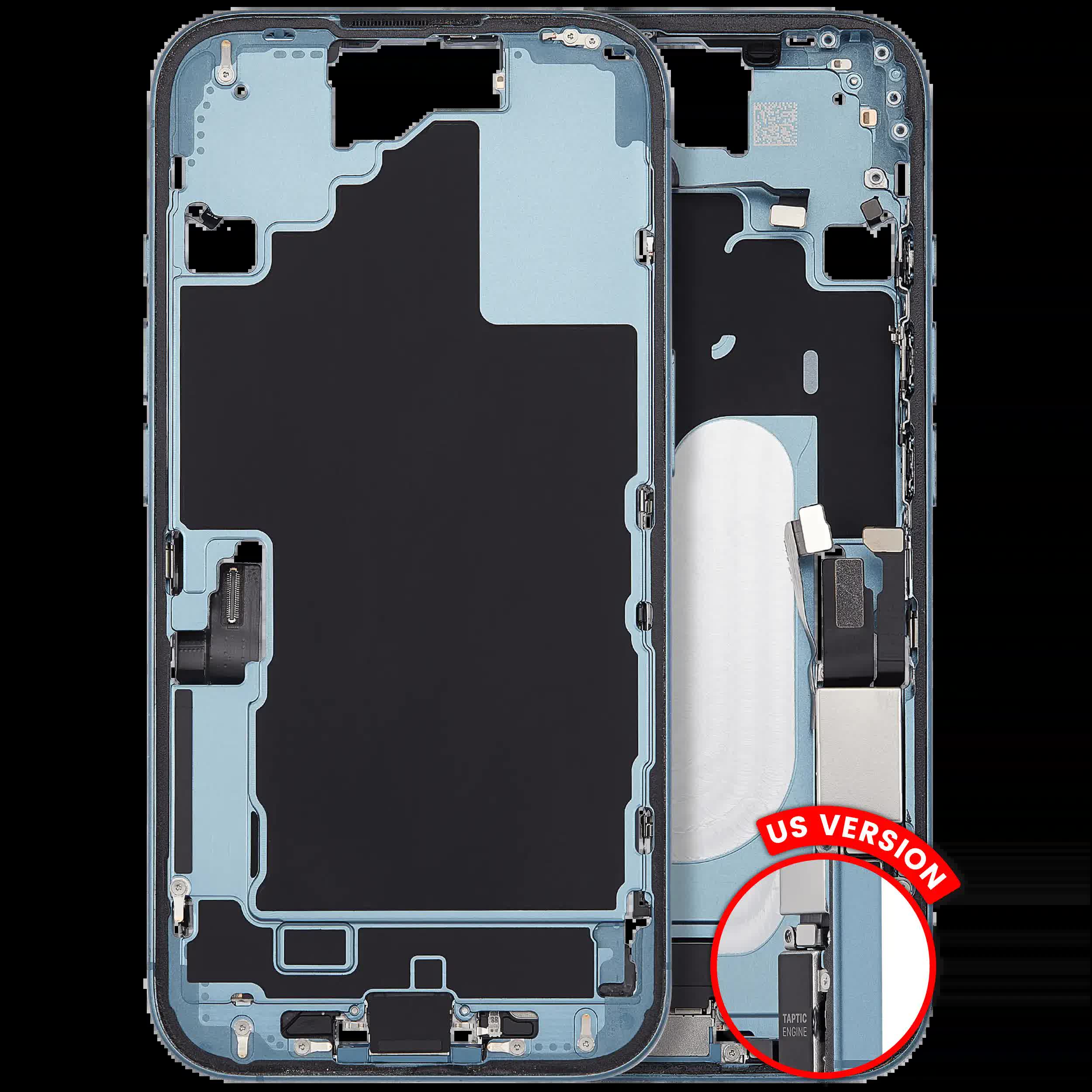 Mittelrahmen mit Ladebuchsen-Flex und Kleinteilen für iPhone 16 (US-Version) (ausgebautes Originalteil: Grade B) (Teal)