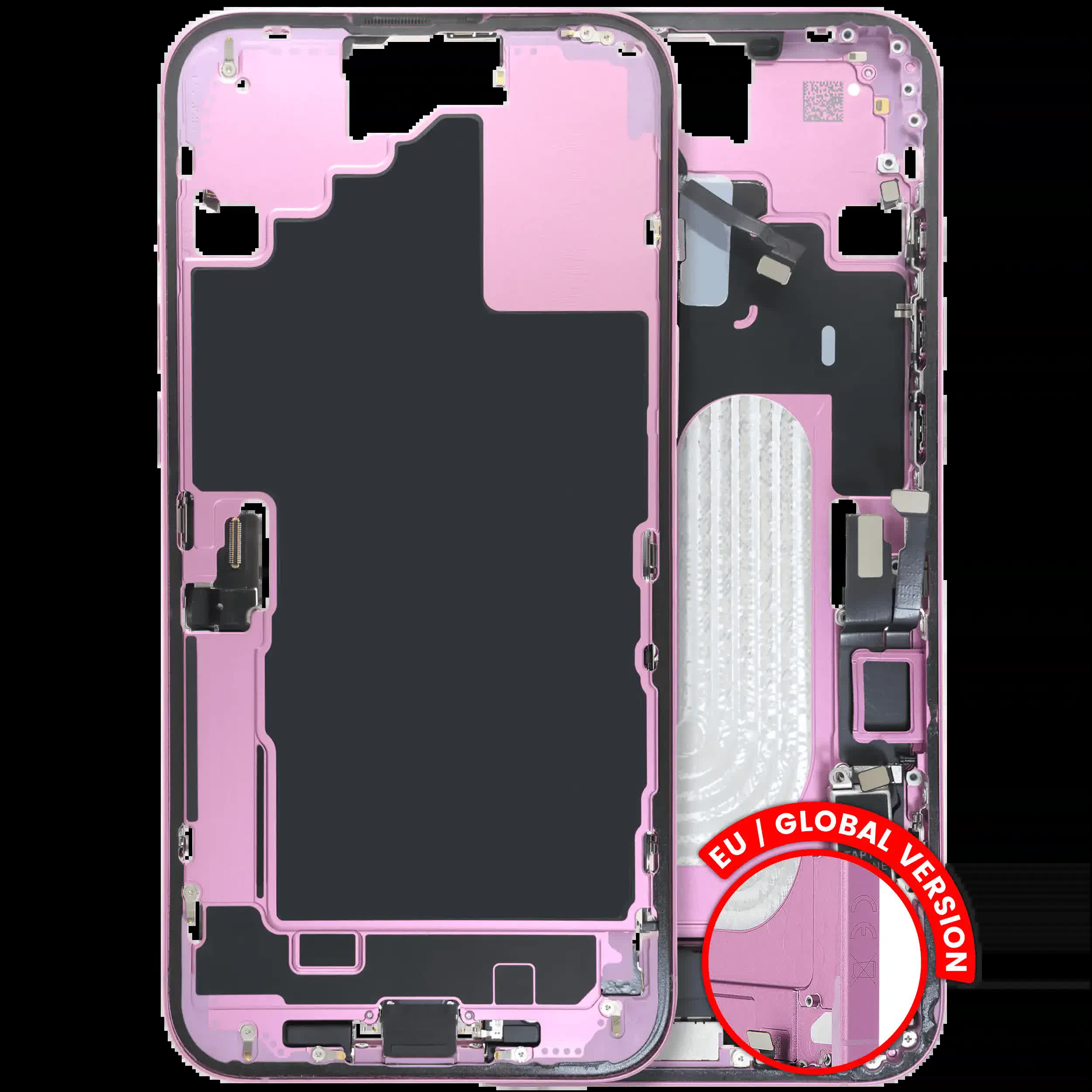 Mittelrahmen mit Ladebuchsen-Flex und Kleinteilen für iPhone 16 Plus (EU / globale Version) (ausgebautes Originalteil: Grade B) (Pink (Rosa))