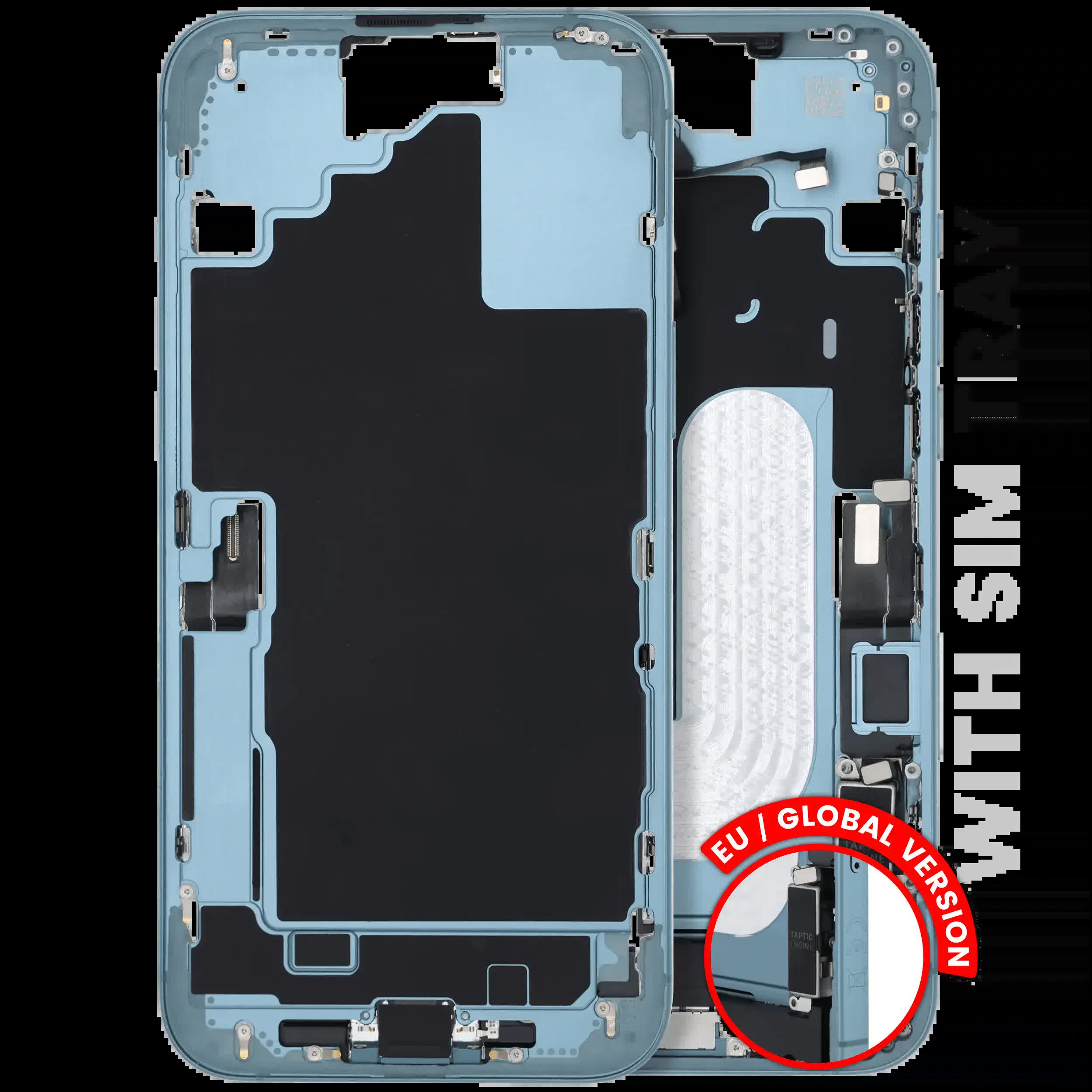 Mittelrahmen mit Ladebuchsen-Flex und Kleinteilen für iPhone 16 Plus (EU / globale Version) (ausgebautes Originalteil: Grade B) (Teal)