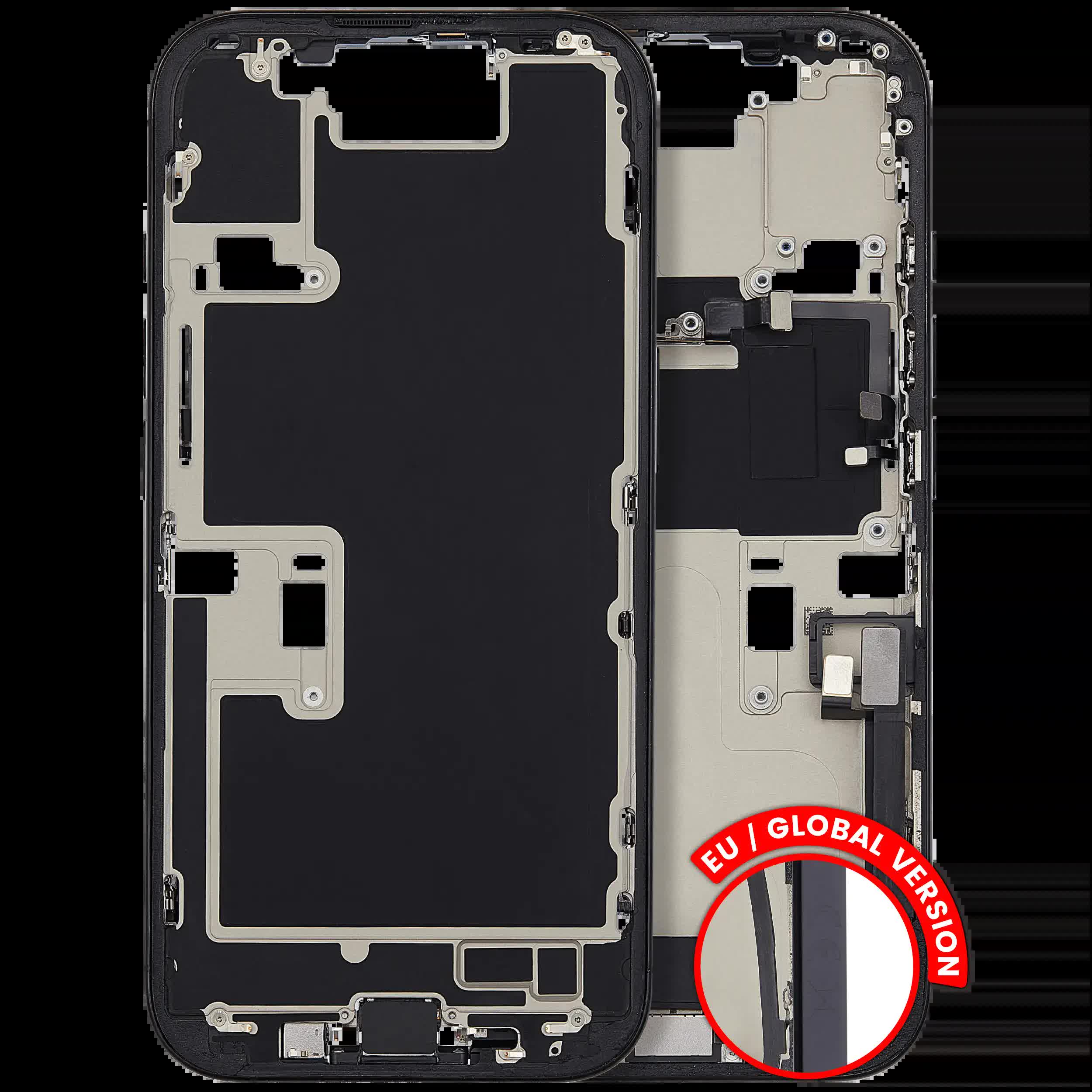 Mittelrahmen mit Ladebuchsen-Flex und Kleinteilen für iPhone 16 Pro (EU / globale Version) (ausgebautes Originalteil: Grade B) (Black Titanium)