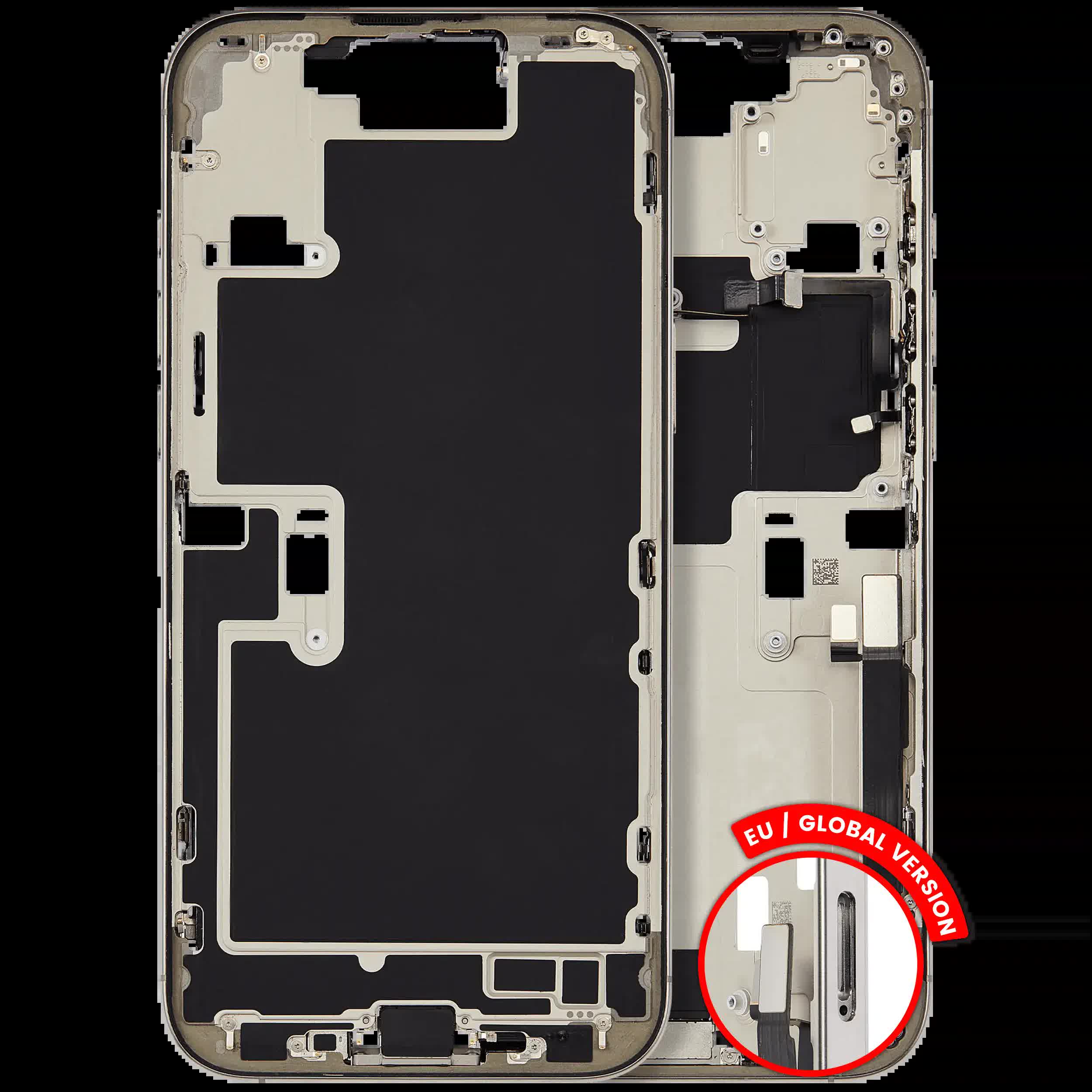 Mittelrahmen mit Ladebuchsen-Flex und Kleinteilen für iPhone 16 Pro Max (EU / globale Version) (ausgebautes Originalteil: Grade B) (Natural Titanium)