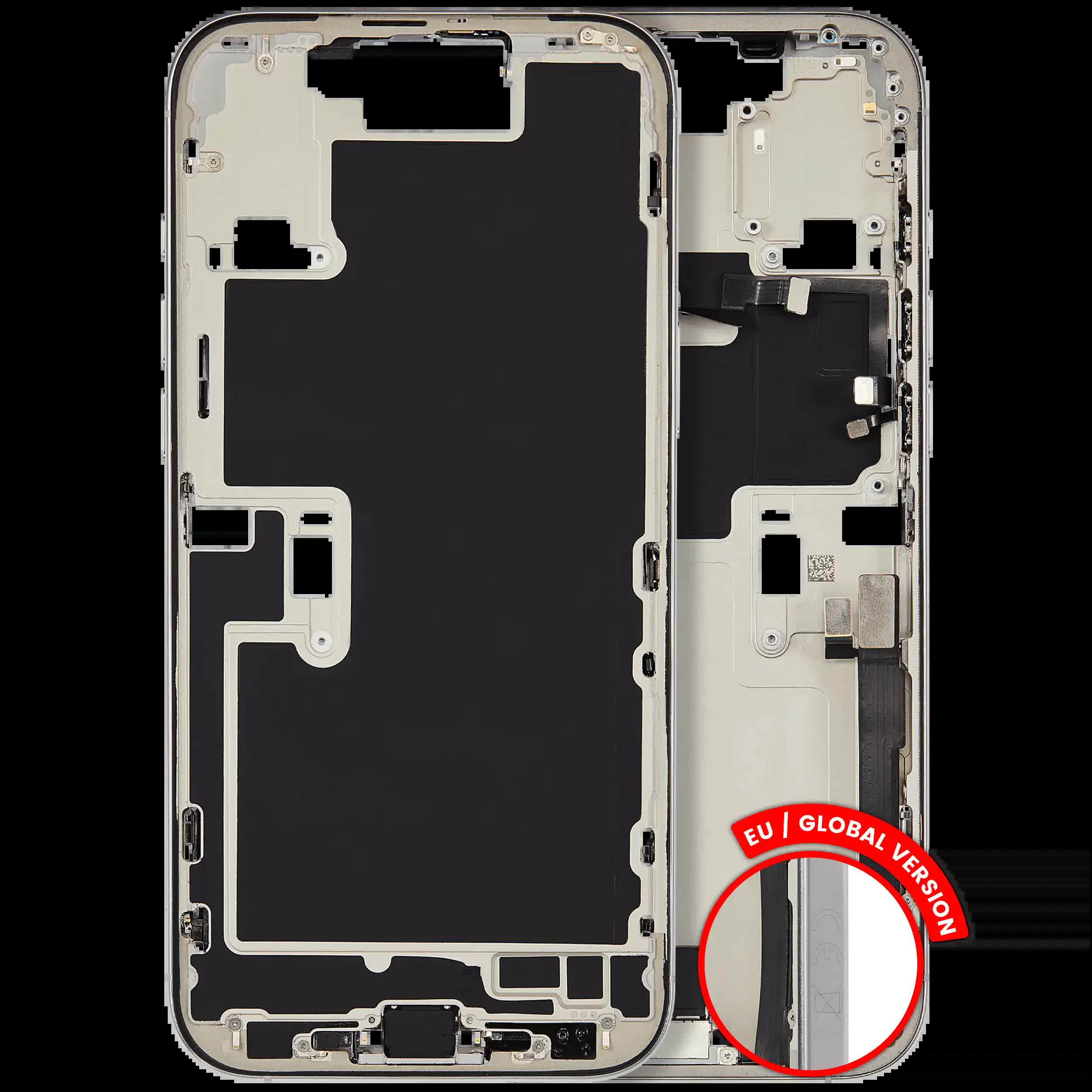 Mittelrahmen mit Ladebuchsen-Flex und Kleinteilen für iPhone 16 Pro Max (EU / globale Version) (ausgebautes Originalteil: Grade B) (White Titanium)