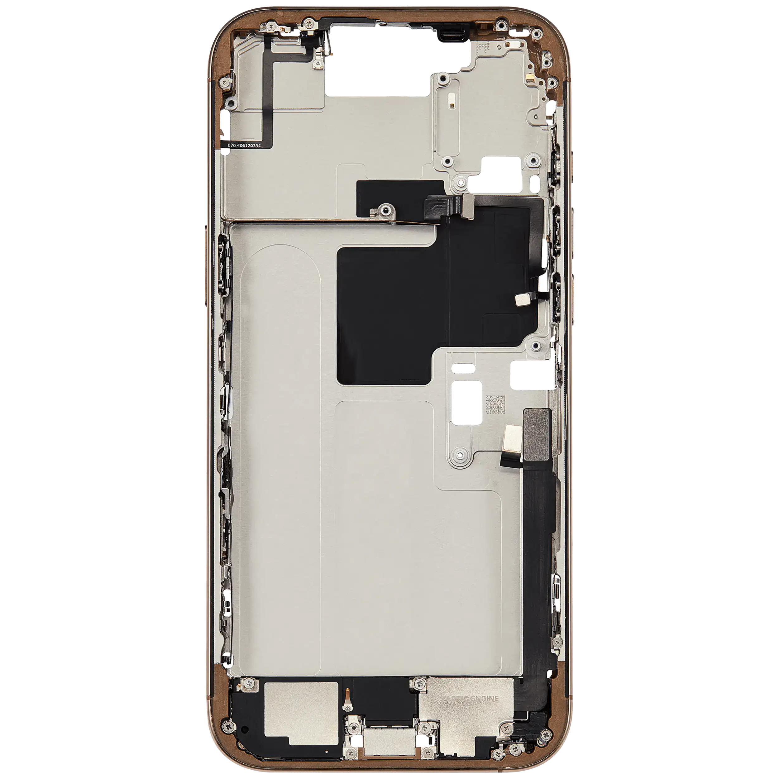 Mittelrahmen mit Ladebuchsen-Flex und Kleinteilen für iPhone 16 Pro Max (EU / globale Version) (ausgebautes Originalteil: Grade C) (Desert Titanium) – Bild 4