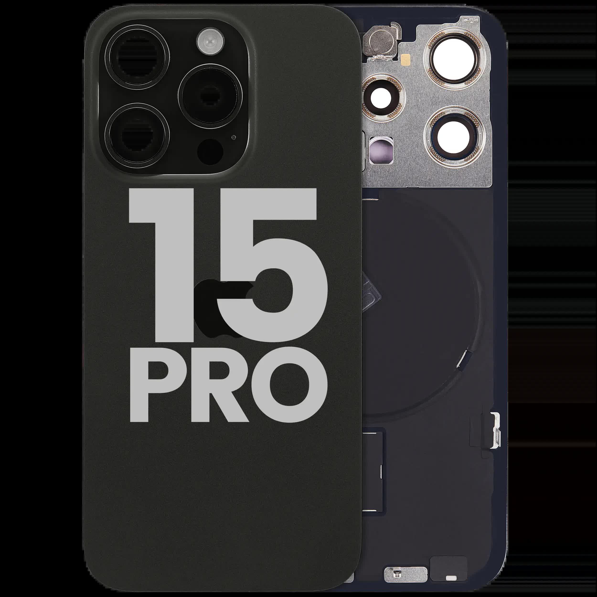 Rückglas mit MagSafe Magnet & NFC & Taschenlampen-Flexkabel für iPhone 15 Pro (ausgebautes Originalteil: Grade C) (Black Titanium)