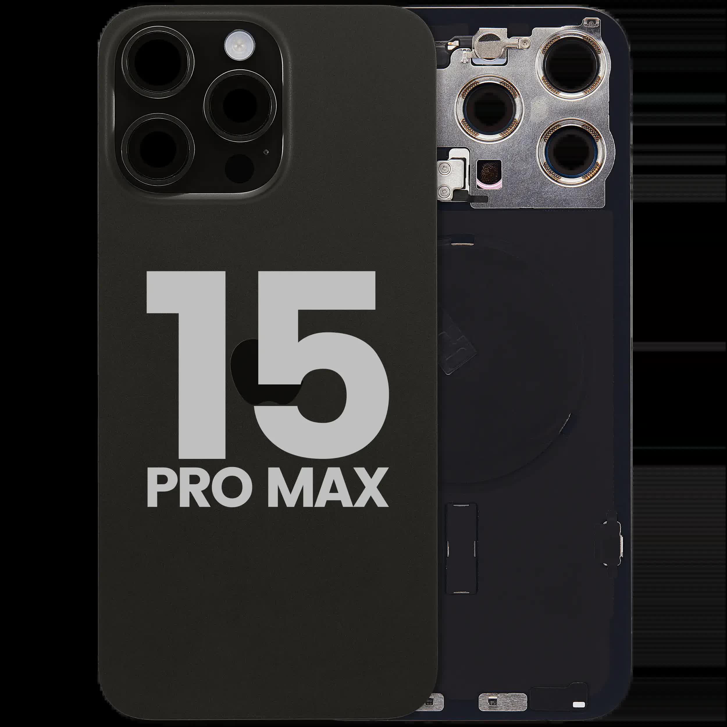 Rückglas mit MagSafe Magnet & NFC & Taschenlampen-Flexkabel für iPhone 15 Pro Max (ausgebautes Originalteil: Grade C) (Black Titanium)