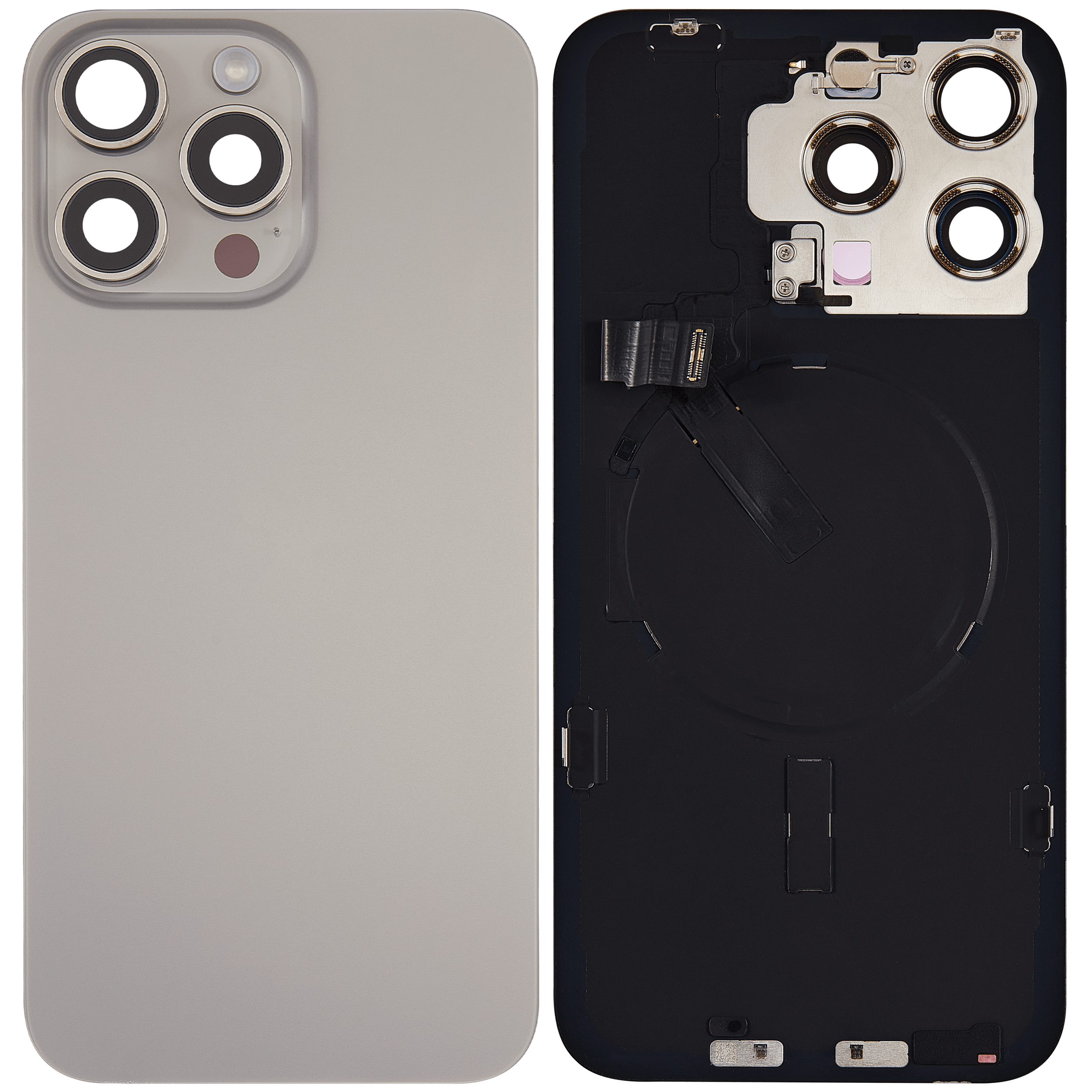 Rückglas mit MagSafe Magnet & NFC & Taschenlampen-Flexkabel für iPhone 15 Pro Max (ausgebautes Originalteil: Grade C) (Natural Titanium) – Bild 2