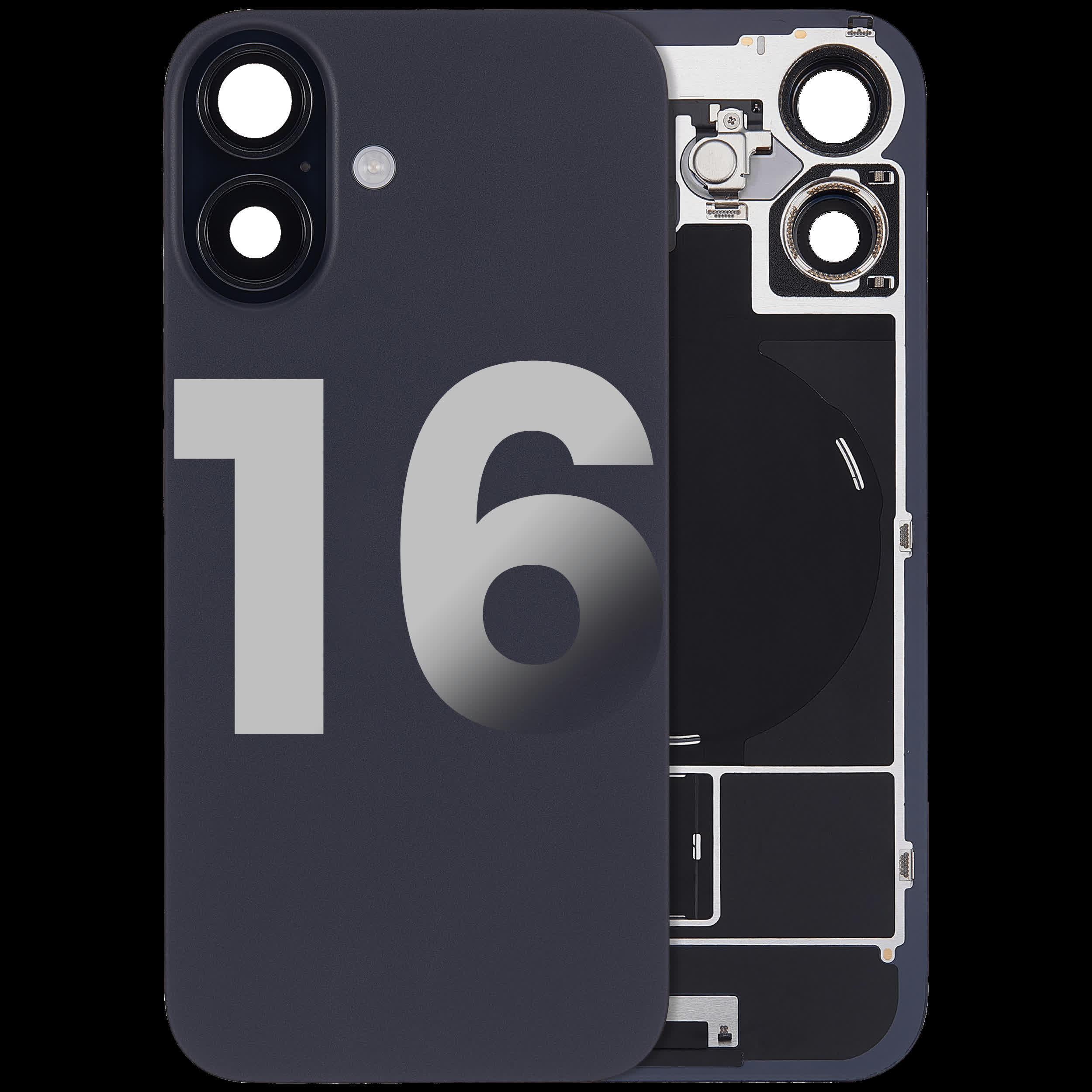 Rückglas mit MagSafe Magnet & NFC & Taschenlampen-Flexkabel für iPhone 16 (ausgebautes Originalteil: Grade C) (Black (Schwarz))