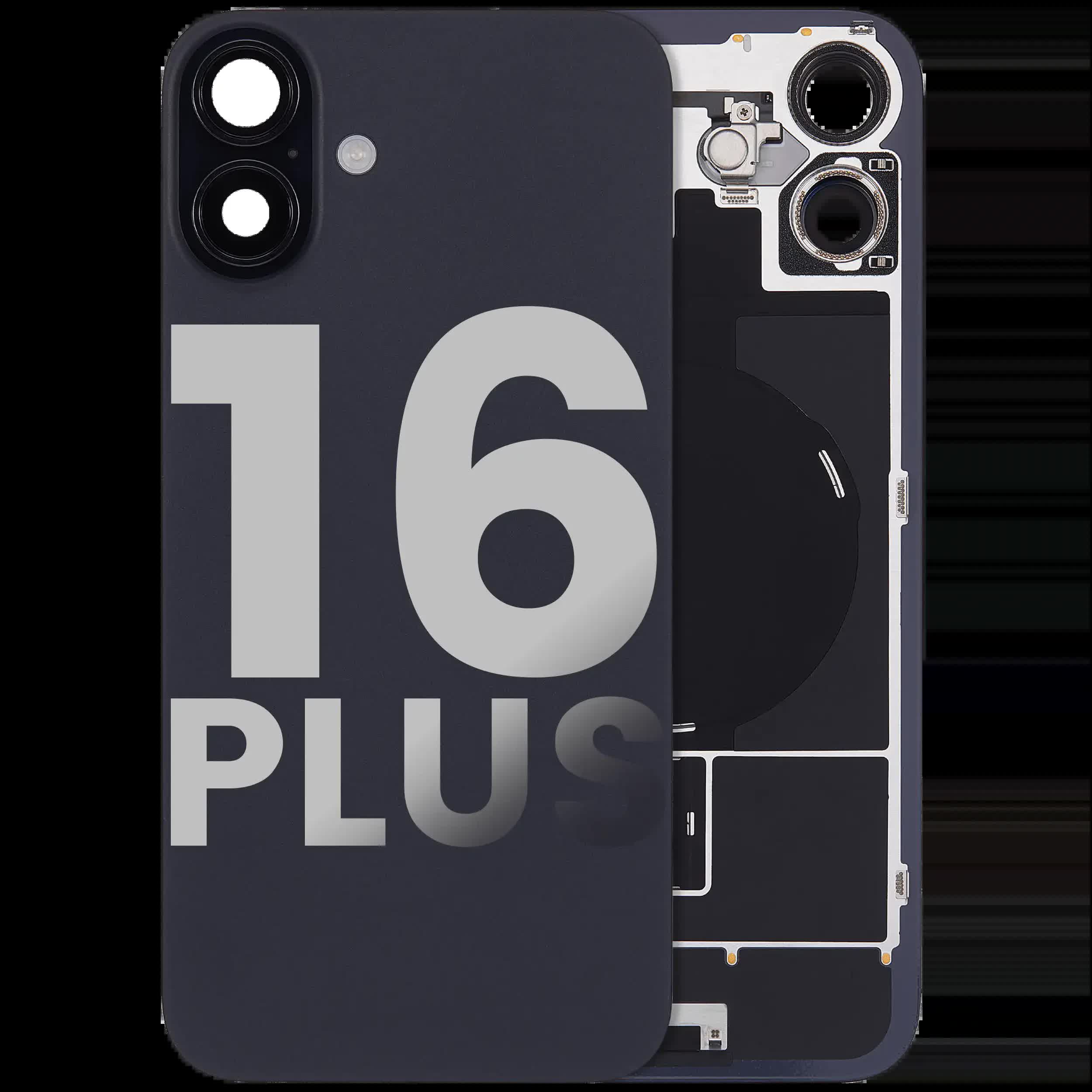 Rückglas mit MagSafe Magnet & NFC & Taschenlampen-Flexkabel für iPhone 16 Plus (ausgebautes Originalteil: Grade C) (Black (Schwarz))