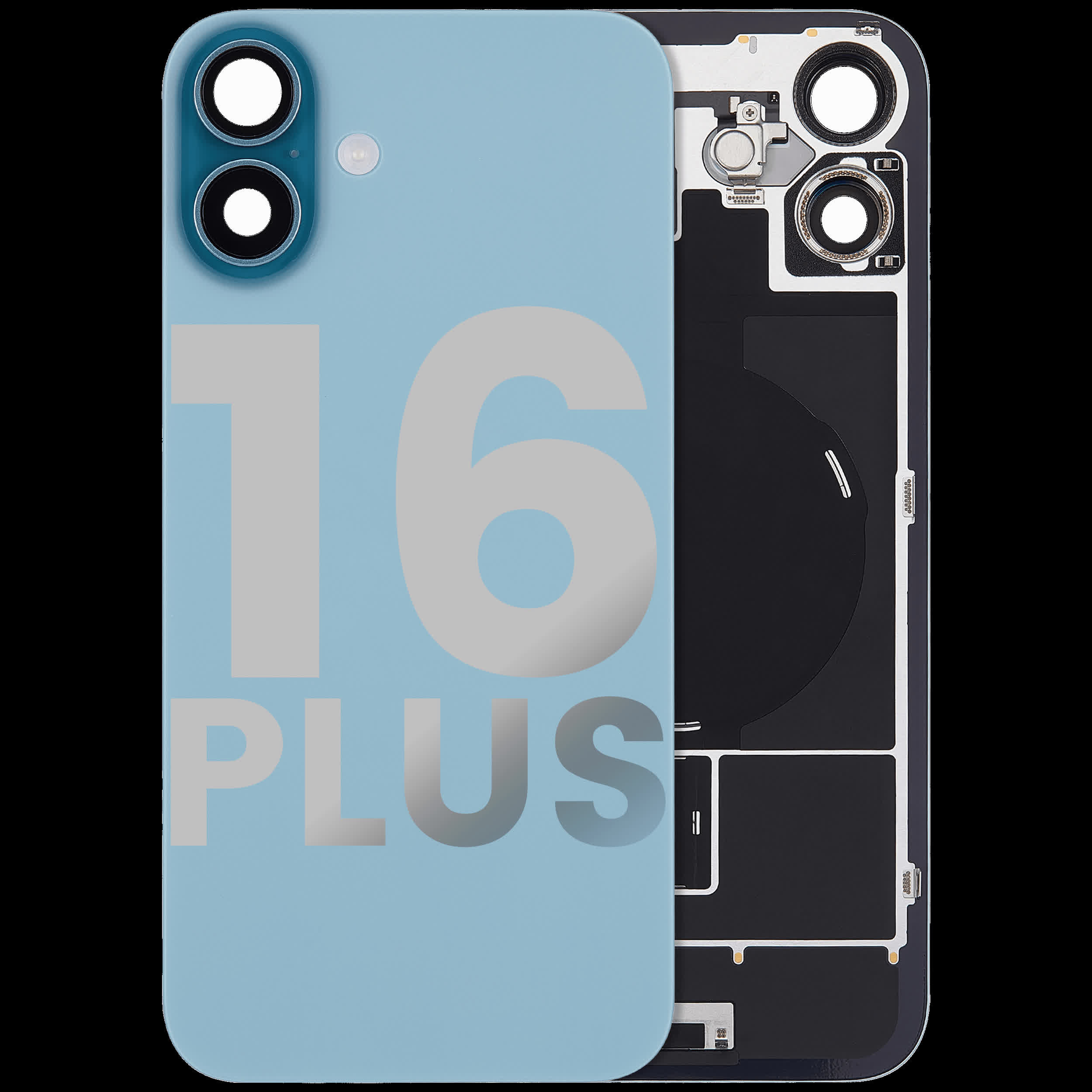 Rückglas mit MagSafe Magnet & NFC & Taschenlampen-Flexkabel für iPhone 16 Plus (ausgebautes Originalteil: Grade C) (Teal)