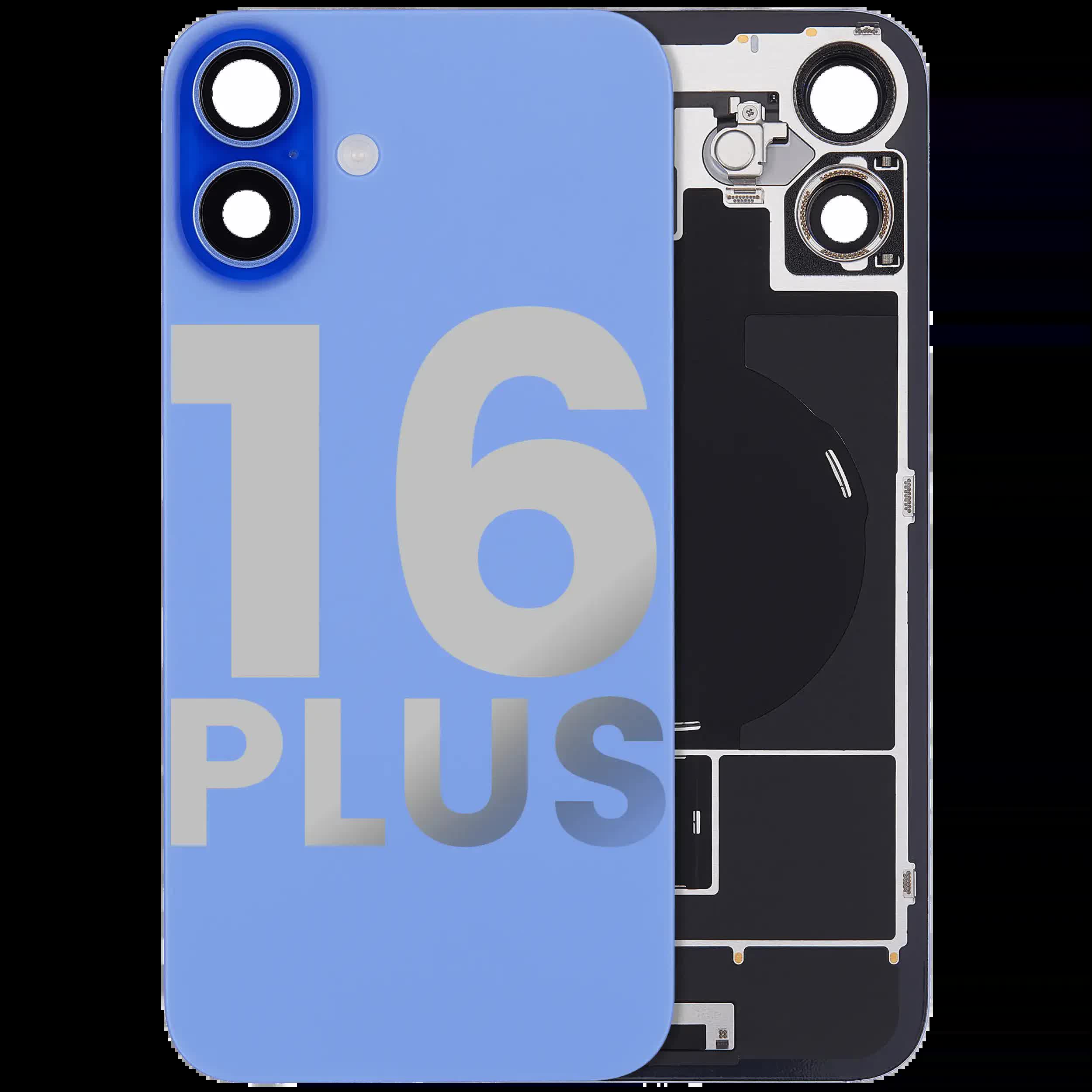 Rückglas mit MagSafe Magnet & NFC & Taschenlampen-Flexkabel für iPhone 16 Plus (ausgebautes Originalteil: Grade C) (Ultramarine)