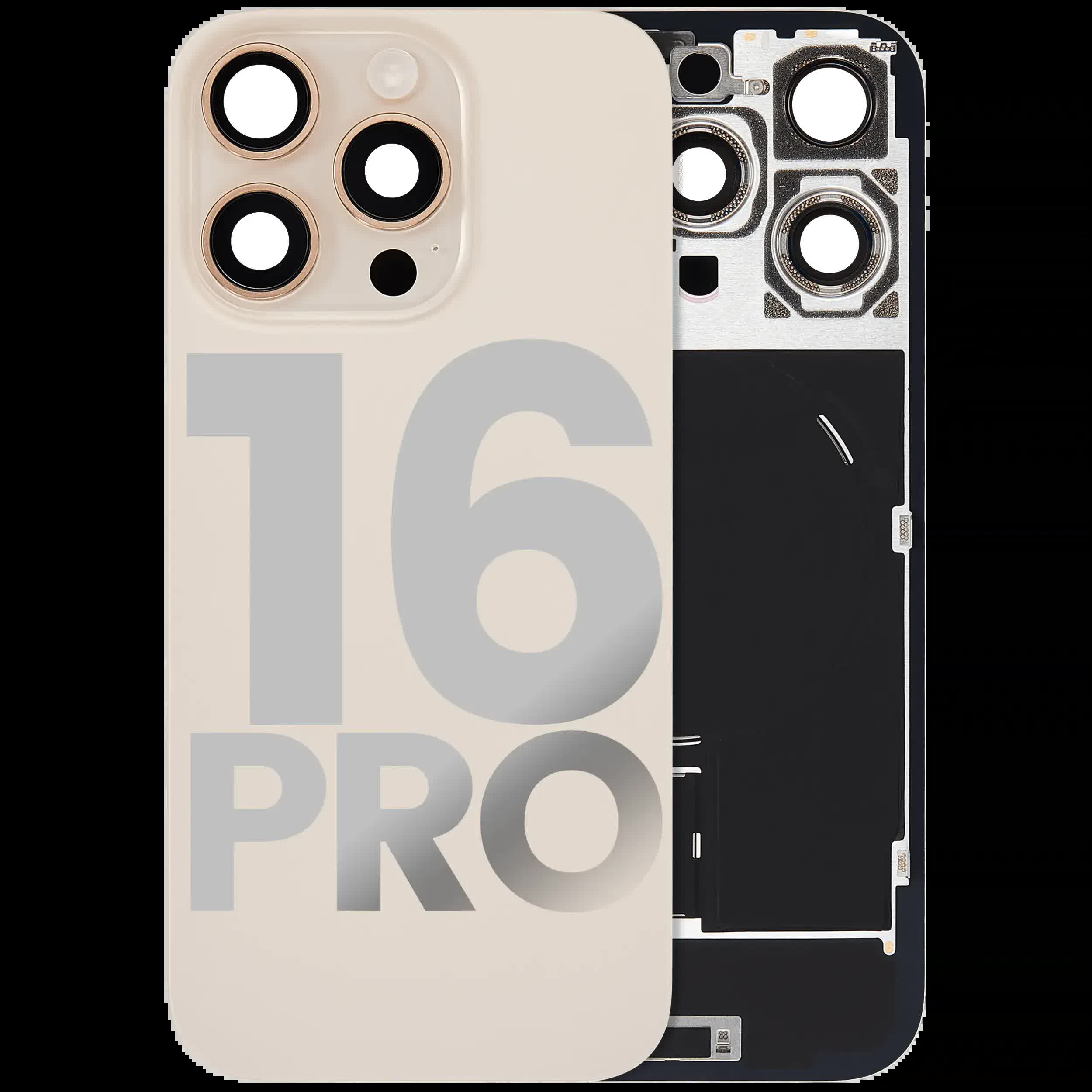Rückglas mit MagSafe Magnet & NFC & Taschenlampen-Flexkabel für iPhone 16 Pro (ausgebautes Originalteil: Grade C) (Desert Titanium)