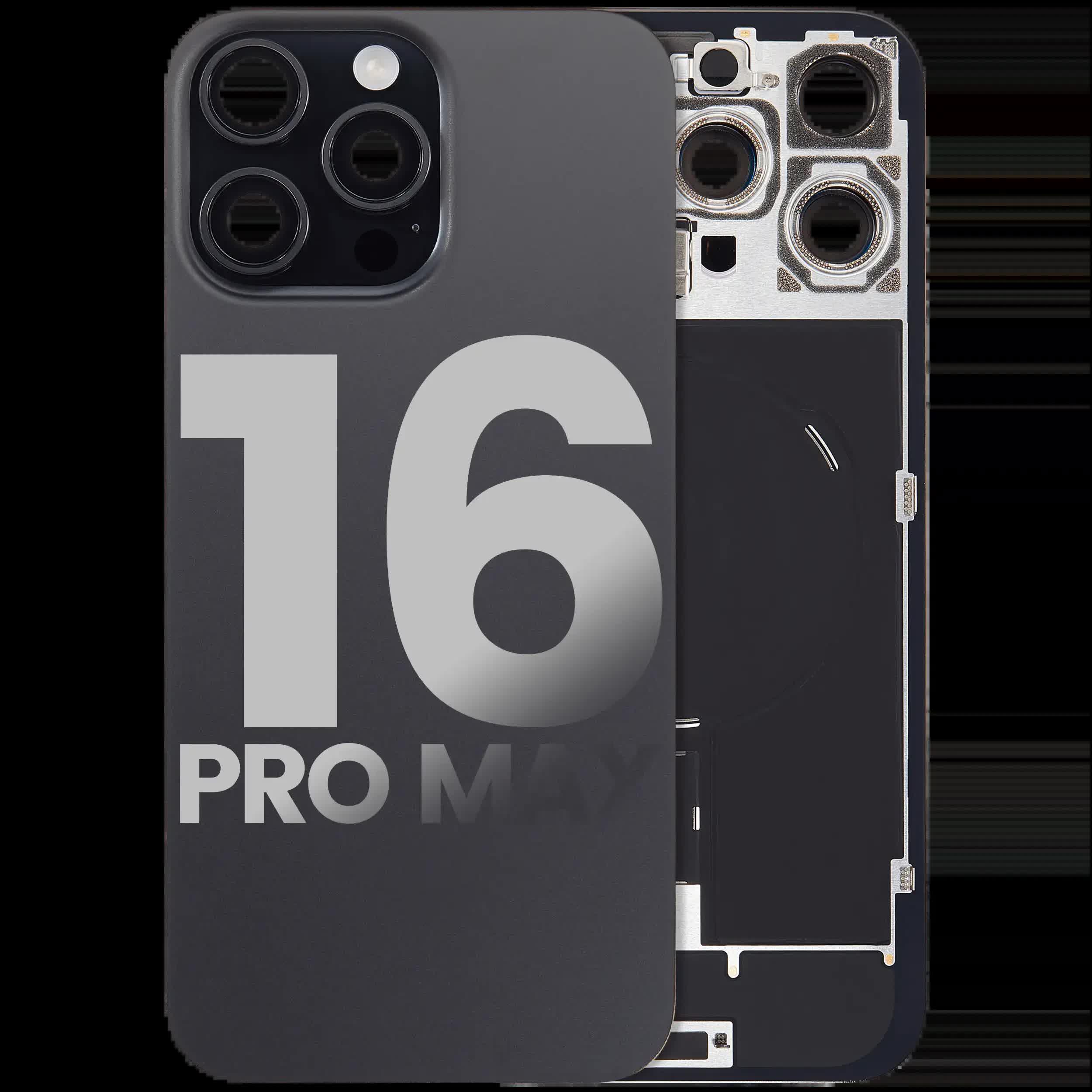Rückglas mit MagSafe Magnet & NFC & Taschenlampen-Flexkabel für iPhone 16 Pro Max (ausgebautes Originalteil: Grade C) (Black Titanium)