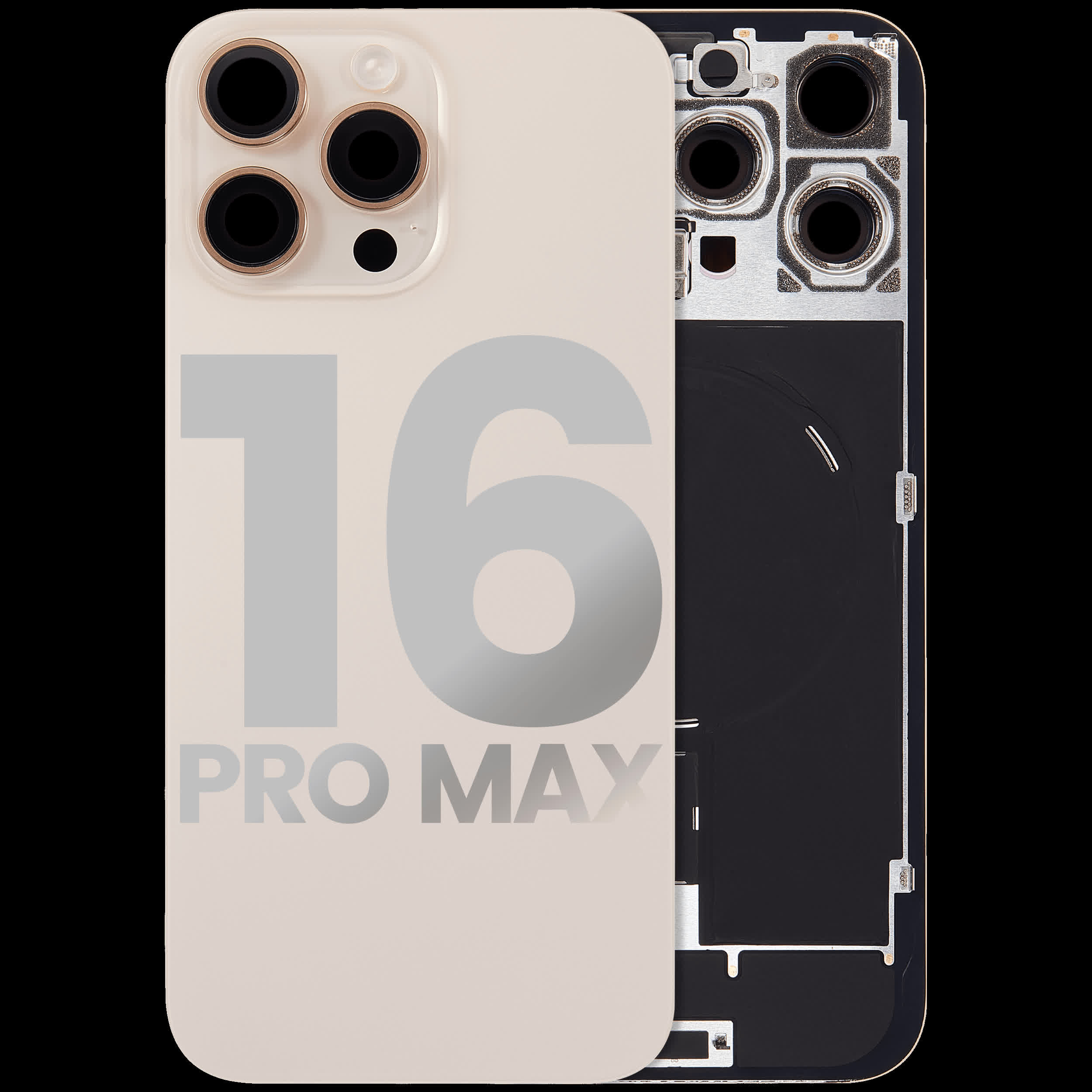 Rückglas mit MagSafe Magnet & NFC & Taschenlampen-Flexkabel für iPhone 16 Pro Max (ausgebautes Originalteil: Grade C) (Desert Titanium)