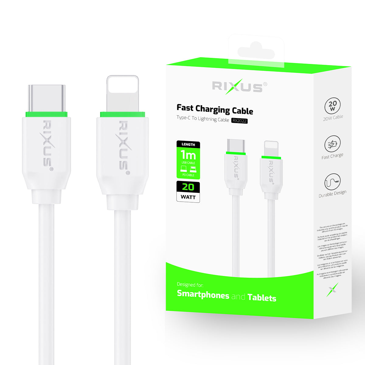 Rixus RX2022 Data Sync und Fast Charge Kabel USB-C To Lightning Anschluss 1m – Bild 4