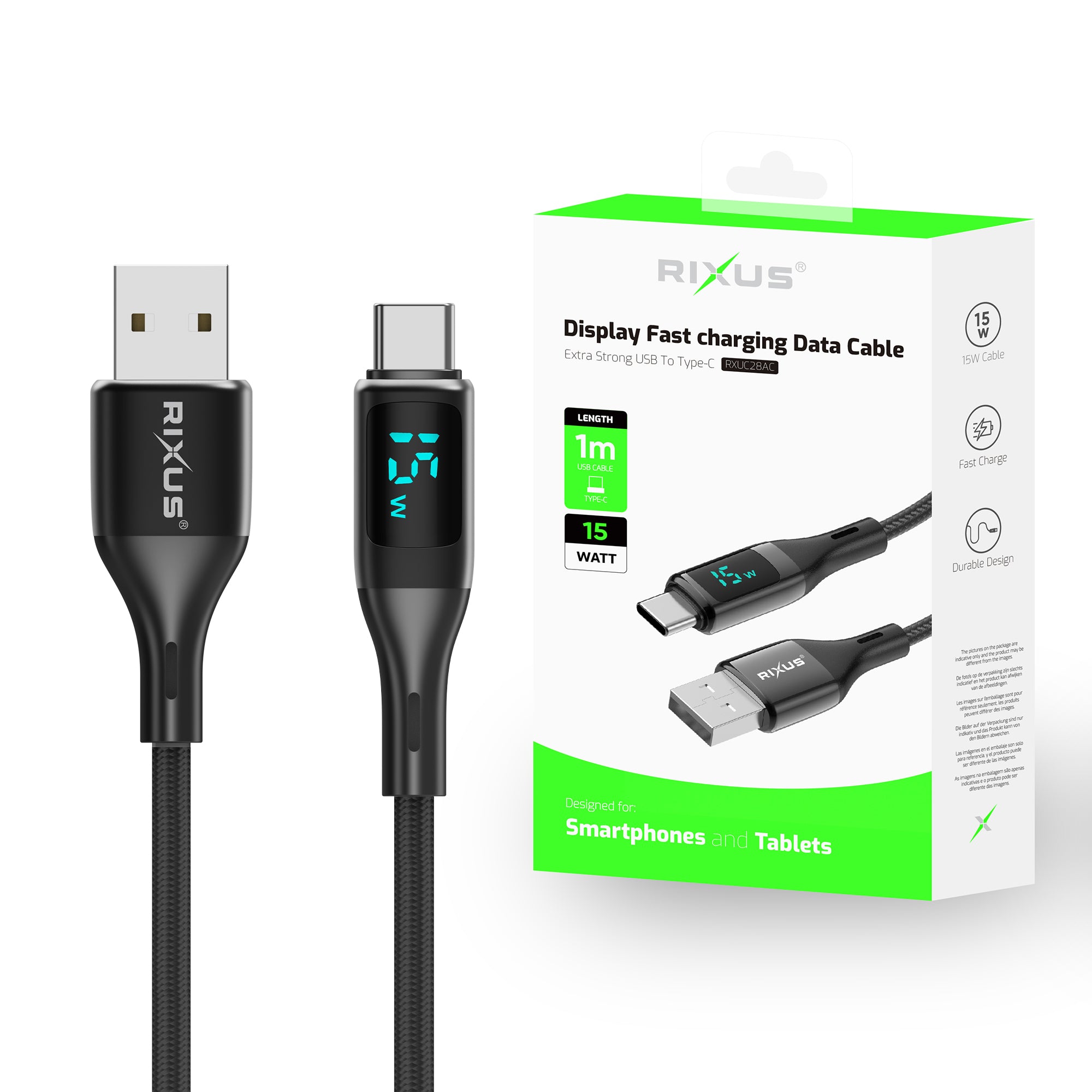 Rixus RXUC28AC Braided USB To USB-C Kabel mit LED Display 1m Black – Bild 4