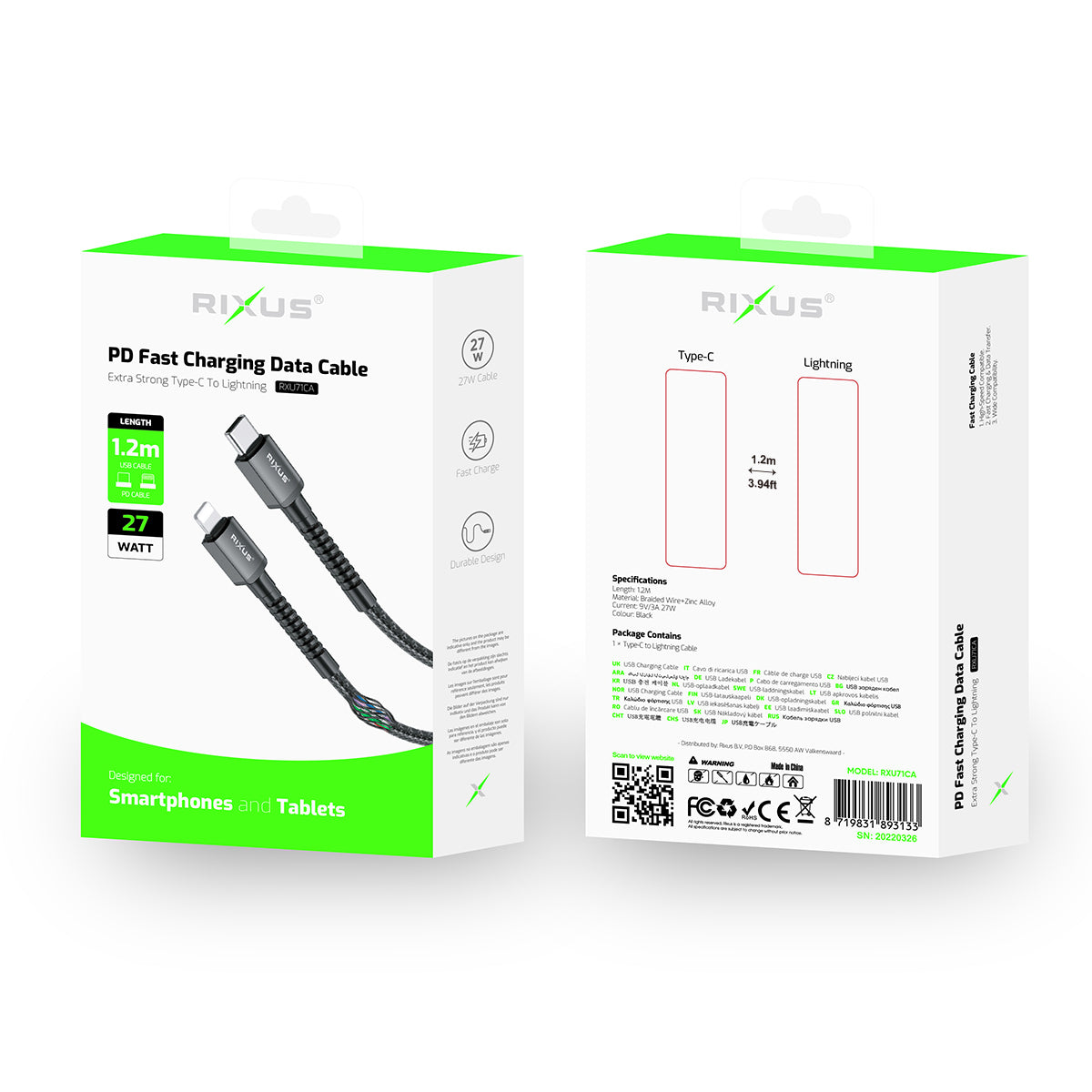 Rixus RXU71CA Nylon Braided USB-C To Lightning Anschluss Kabel 1.2m Black – Bild 5