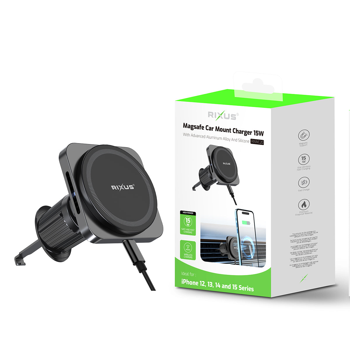 Rixus RXWC20 Wireless Car Charger für MagSafe kompatibel Car Mount 15W Space Gray – Bild 5