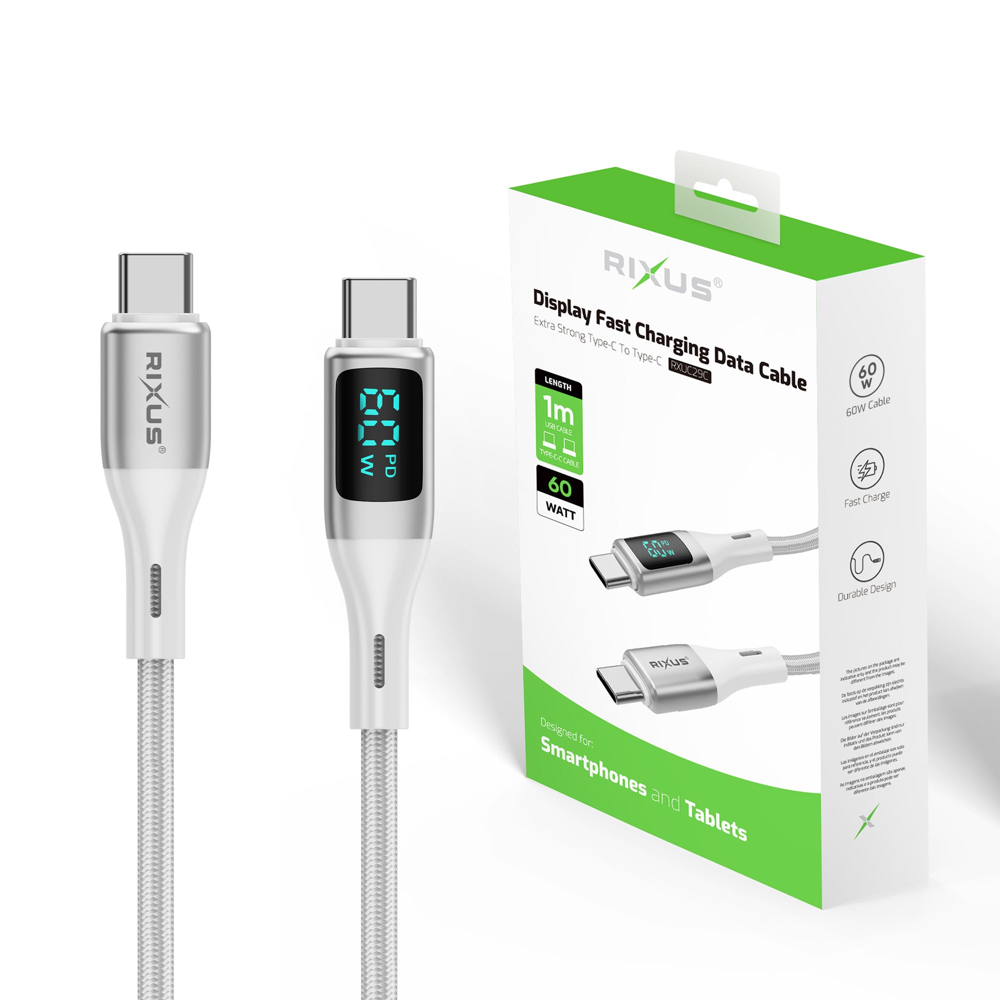 Rixus RXUC29C Braided USB-C To USB-C Kabel mit LED Display White – Bild 4