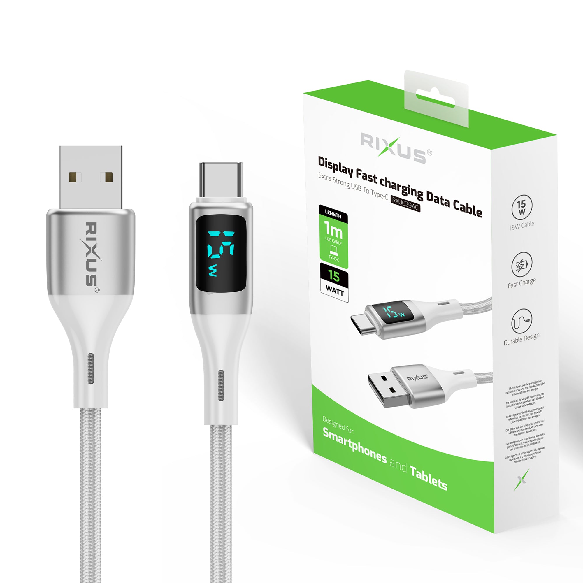 Rixus RXUC29AC Braided USB-A To USB-C Kabel mit LED Display White – Bild 4
