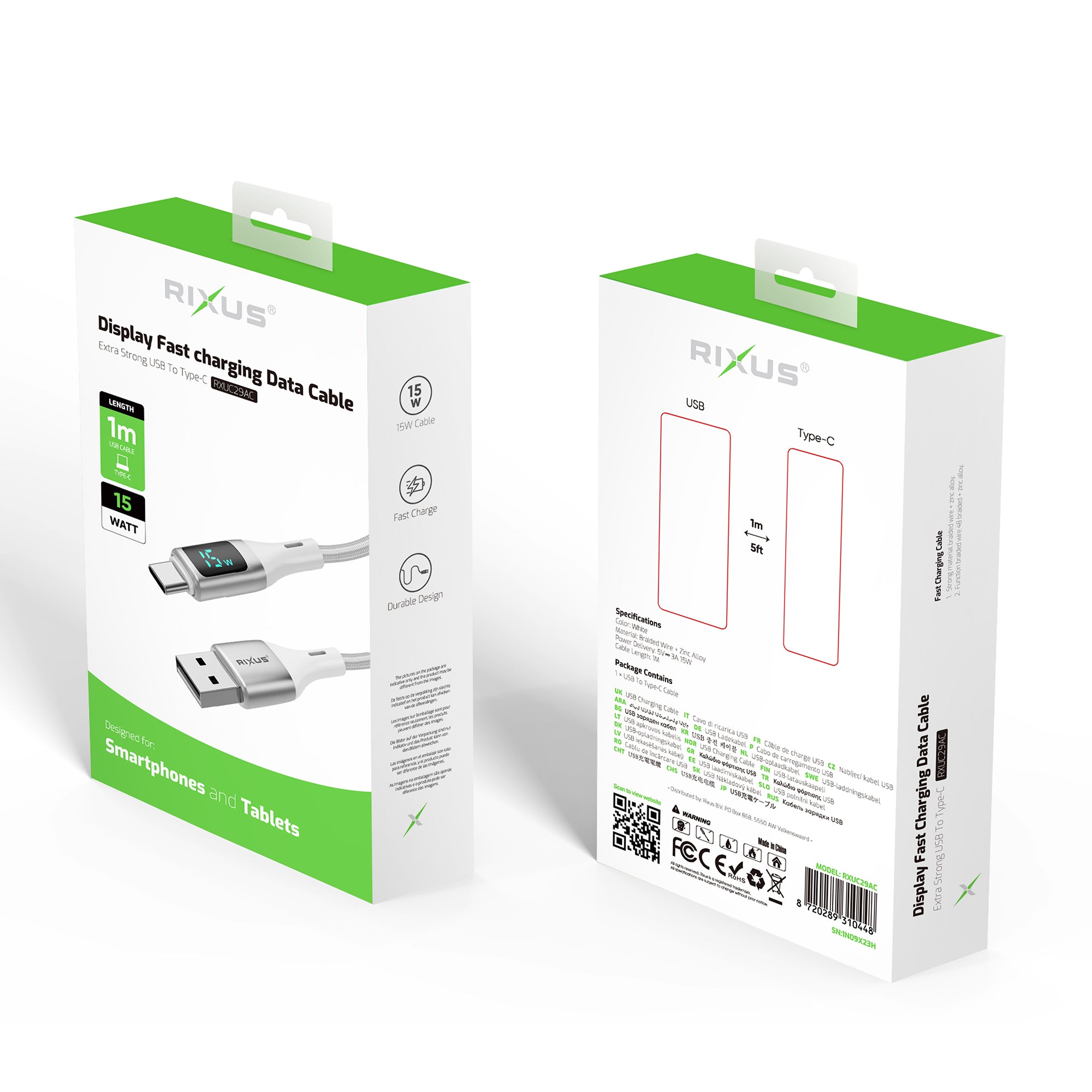 Rixus RXUC29AC Braided USB-A To USB-C Kabel mit LED Display White – Bild 5