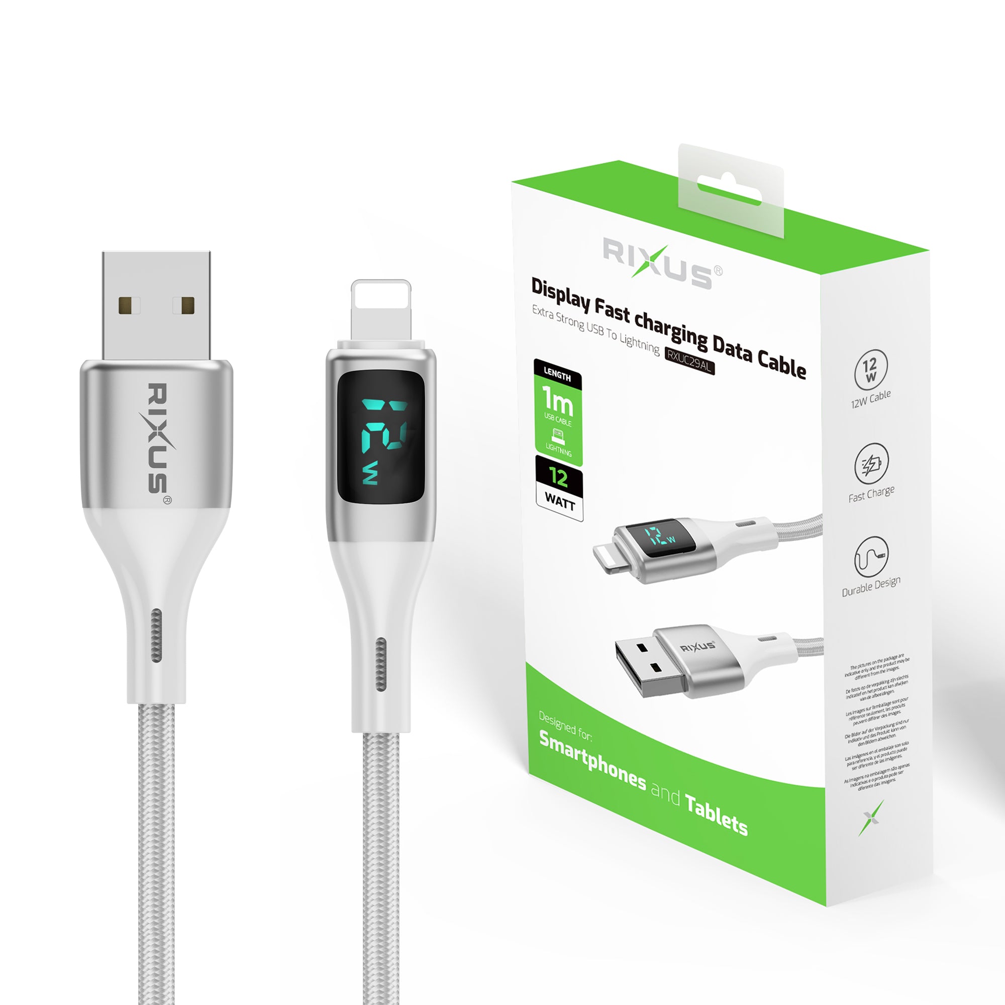 Rixus RXUC29AL Braided USB-A To Lightning Anschluss Kabel mit LED Display White – Bild 4