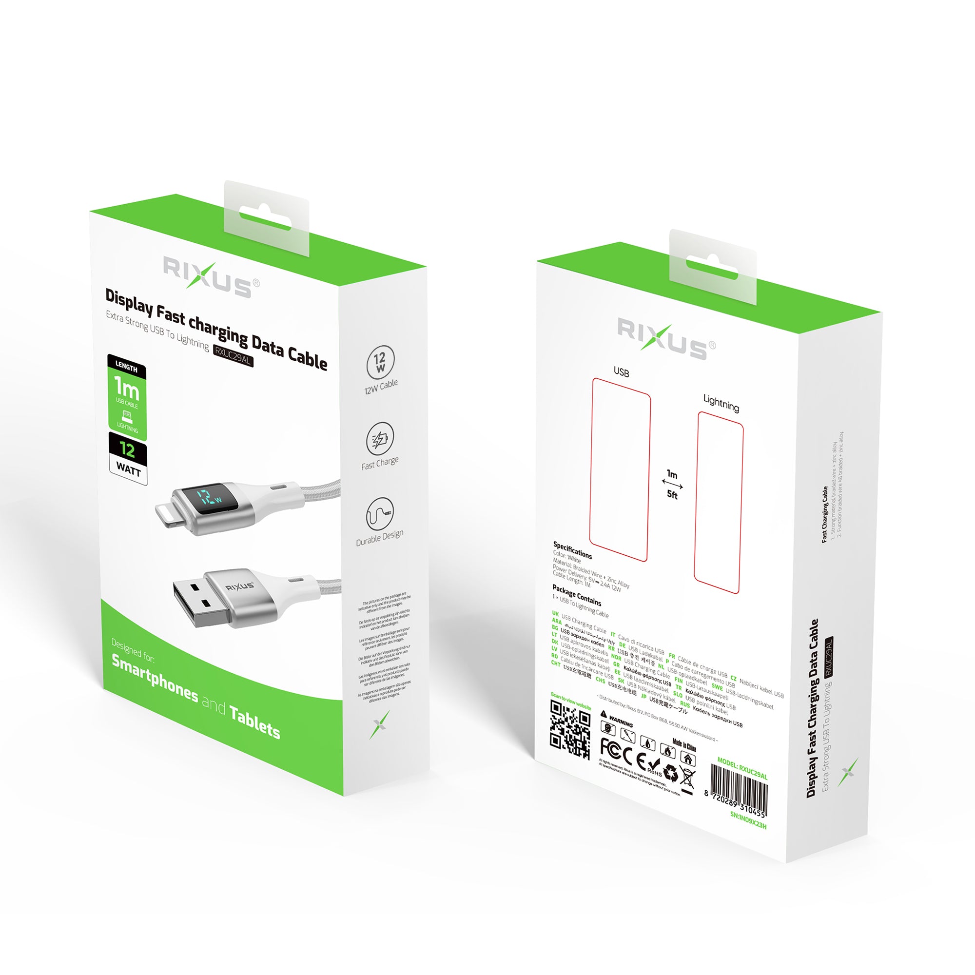 Rixus RXUC29AL Braided USB-A To Lightning Anschluss Kabel mit LED Display White – Bild 5